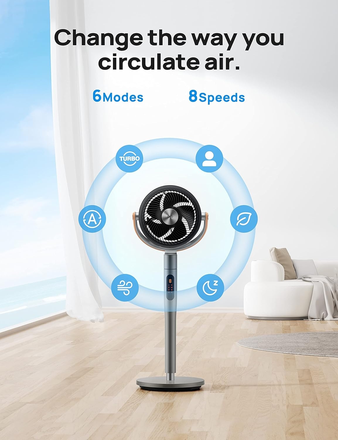 image:imageDREO Smart Fan for Bedroom 120105 Omnidirectional Oscillating Quiet 20dB Fan 100ft Air Circulator Pedestal Fan with DC Motor 8 Speeds 6 Modes 3743 Height WiFiVoiceAlexa no lightGrey