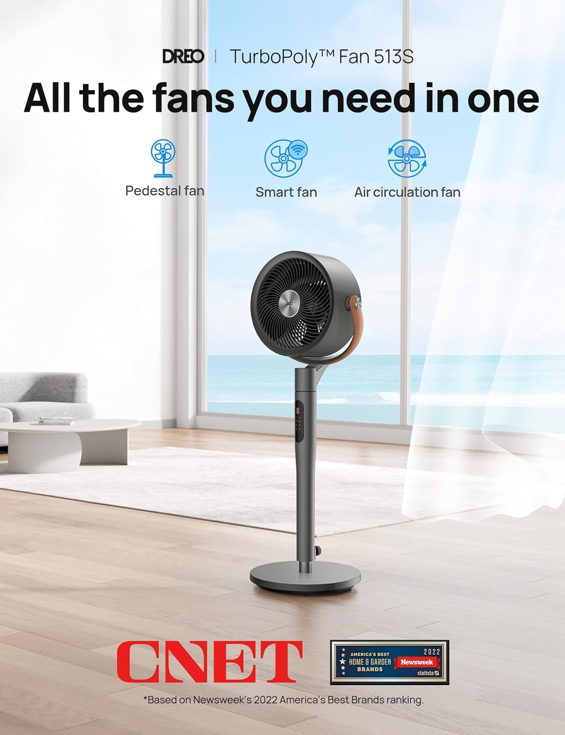 image:imageDREO Smart Fan for Bedroom 120105 Omnidirectional Oscillating Quiet 20dB Fan 100ft Air Circulator Pedestal Fan with DC Motor 8 Speeds 6 Modes 3743 Height WiFiVoiceAlexa no lightGrey