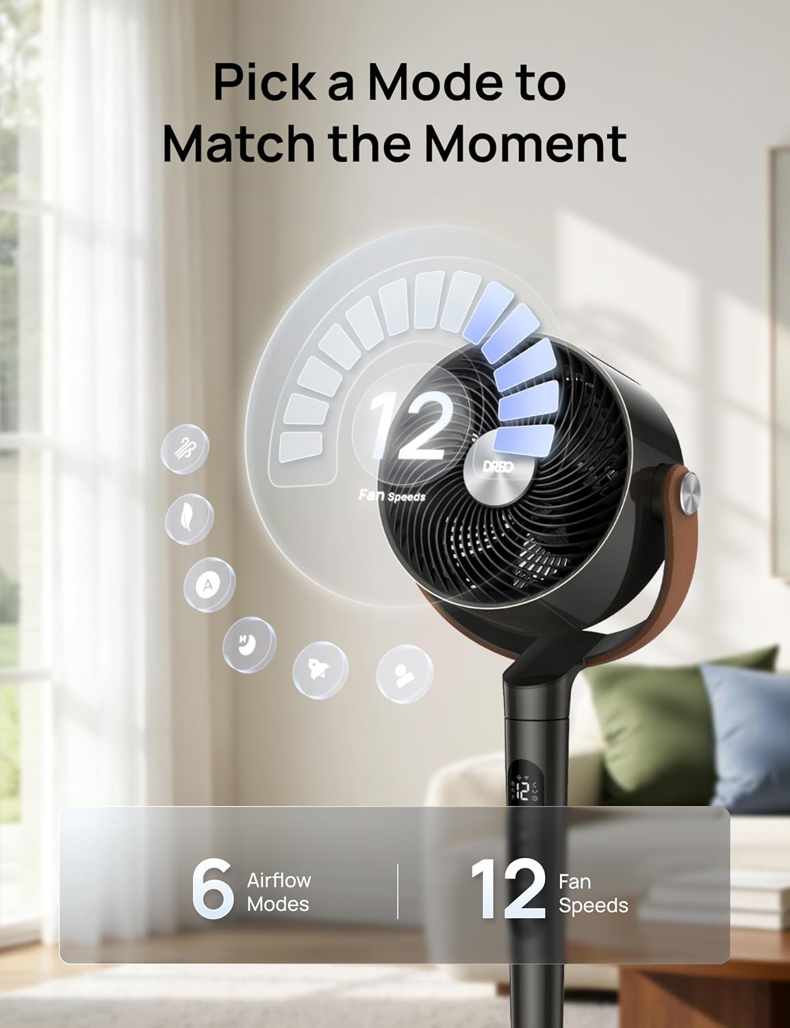 image:imageDREO Smart Fan for Bedroom 120105 Omnidirectional Oscillating Quiet 20dB Fan 100ft Air Circulator Pedestal Fan with DC Motor 8 Speeds 6 Modes 3743 Height WiFiVoiceAlexa no lightBlack
