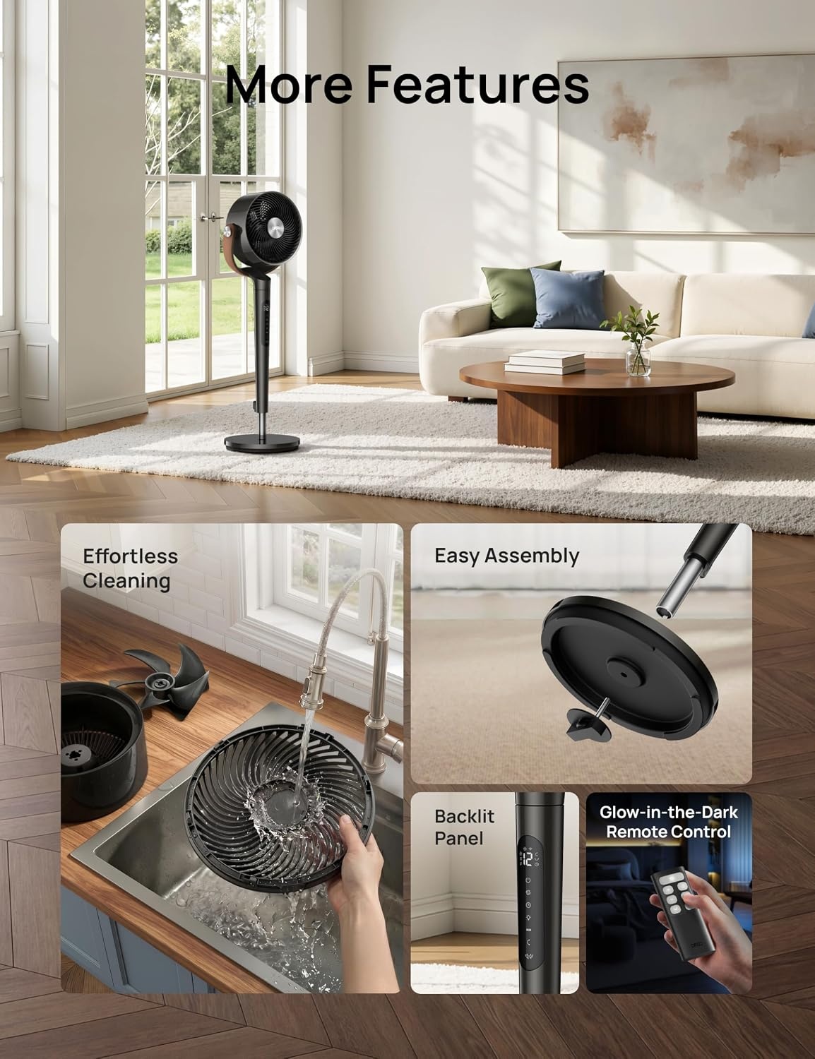 image:imageDREO Smart Fan for Bedroom 120105 Omnidirectional Oscillating Quiet 20dB Fan 100ft Air Circulator Pedestal Fan with DC Motor 8 Speeds 6 Modes 3743 Height WiFiVoiceAlexa no lightBlack