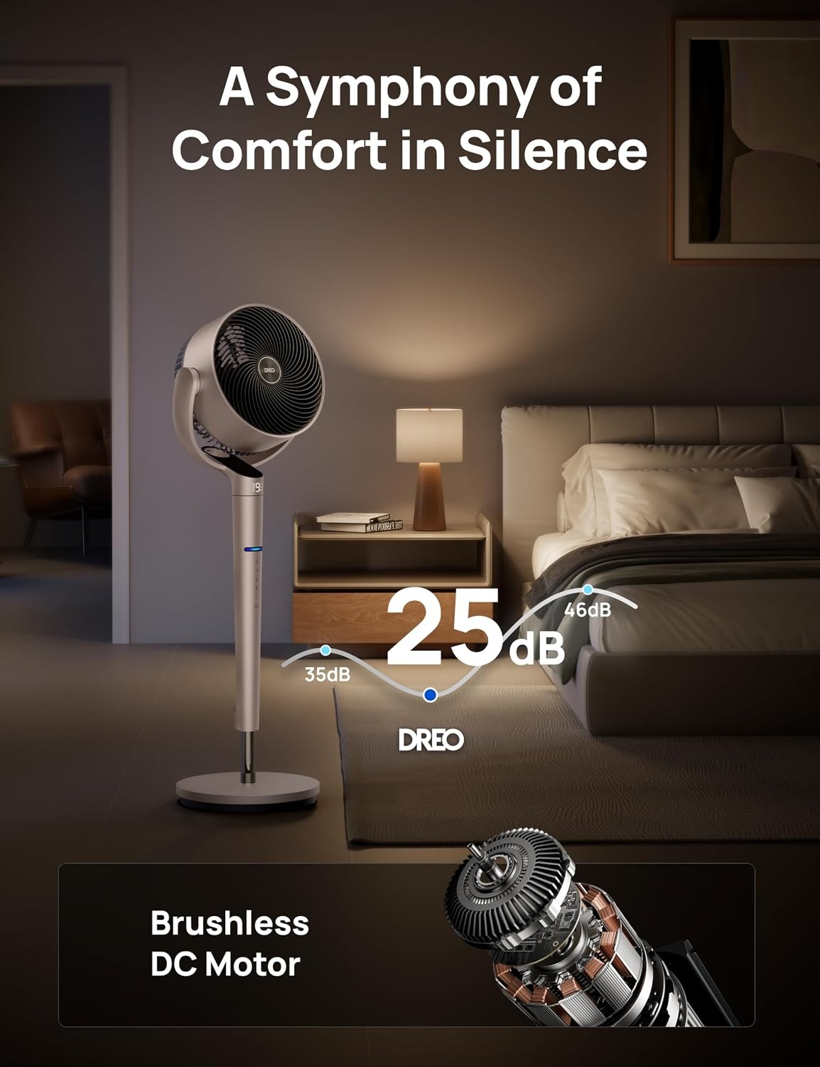 image:imageDREO Smart Fan for Bedroom Positionbased Oscillation 150120 3D Oscillating Fan 110ft Pedestal Fans with WiFiVoiceRemote Standing Fans Work with AlexaGoogle 9 Speeds 6 Modes 20dB SilverGold