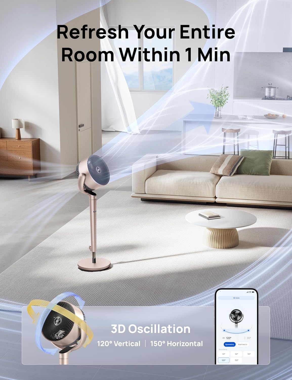 image:imageDREO Smart Fan for Bedroom Positionbased Oscillation 150120 3D Oscillating Fan 110ft Pedestal Fans with WiFiVoiceRemote Standing Fans Work with AlexaGoogle 9 Speeds 6 Modes 20dB SilverGold
