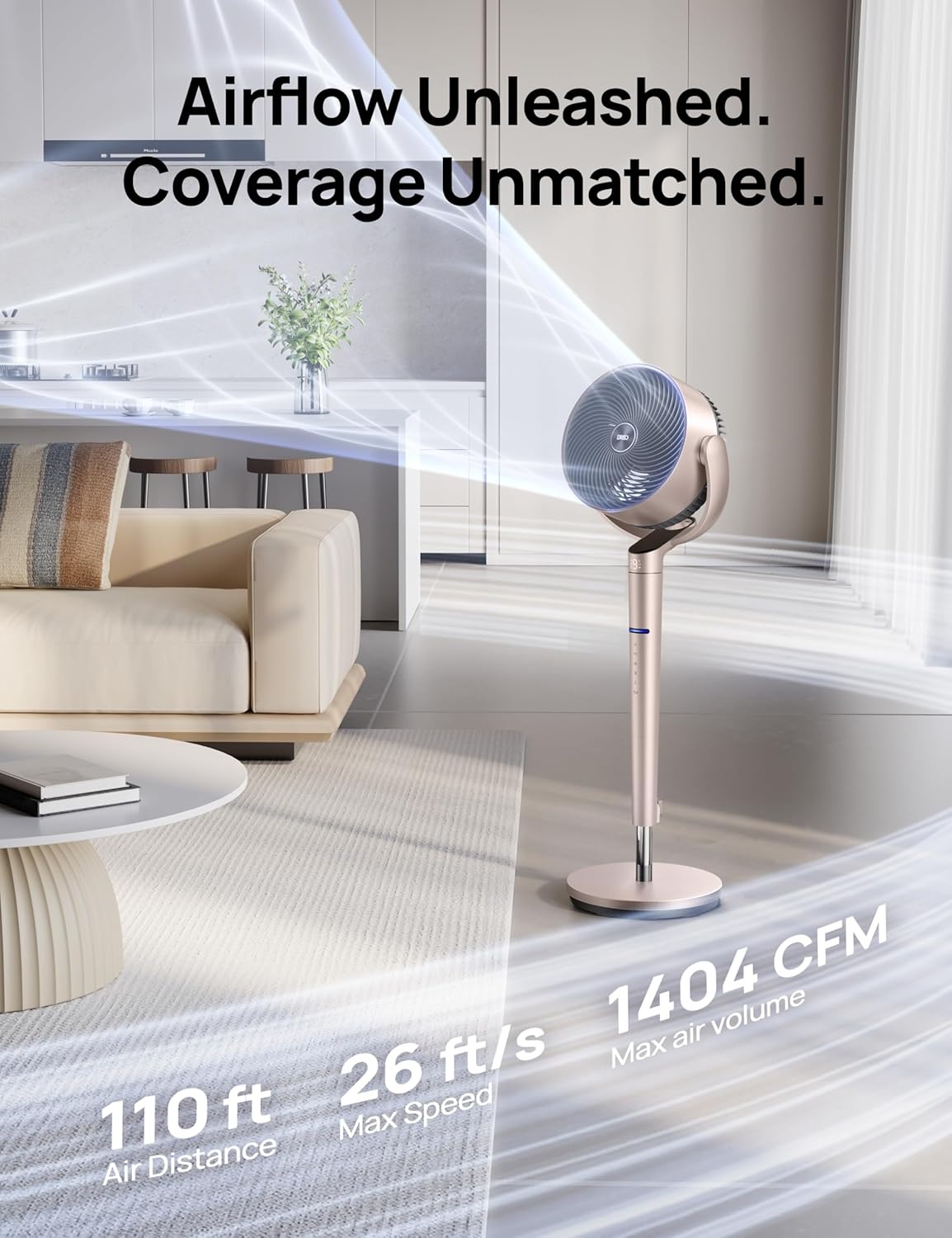 image:imageDREO Smart Fan for Bedroom Positionbased Oscillation 150120 3D Oscillating Fan 110ft Pedestal Fans with WiFiVoiceRemote Standing Fans Work with AlexaGoogle 9 Speeds 6 Modes 20dB SilverGold
