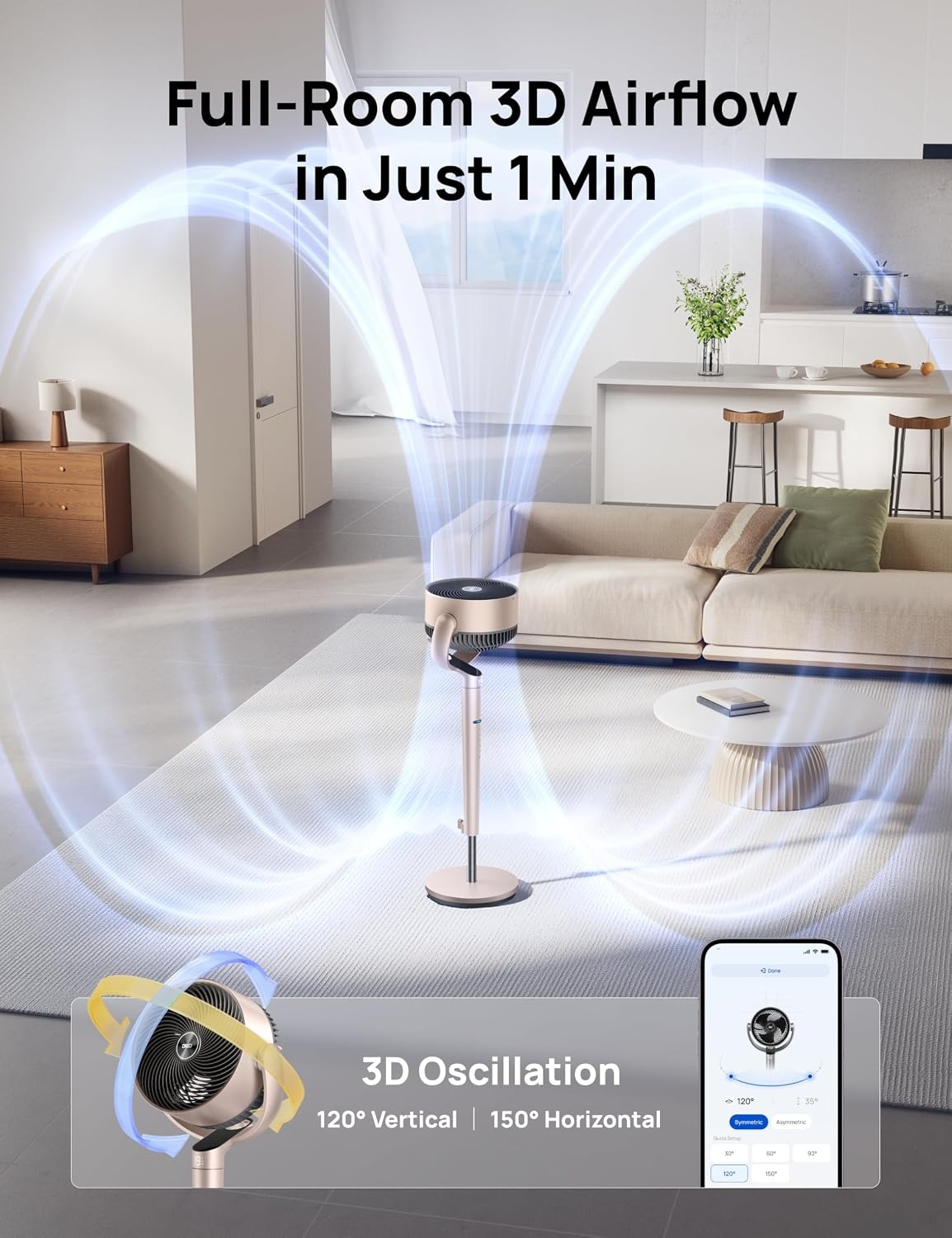 image:imageDREO Smart Fan for Bedroom Positionbased Oscillation 150120 3D Oscillating Fan 110ft Pedestal Fans with WiFiVoiceRemote Standing Fans Work with AlexaGoogle 9 Speeds 6 Modes 20dB SilverGold