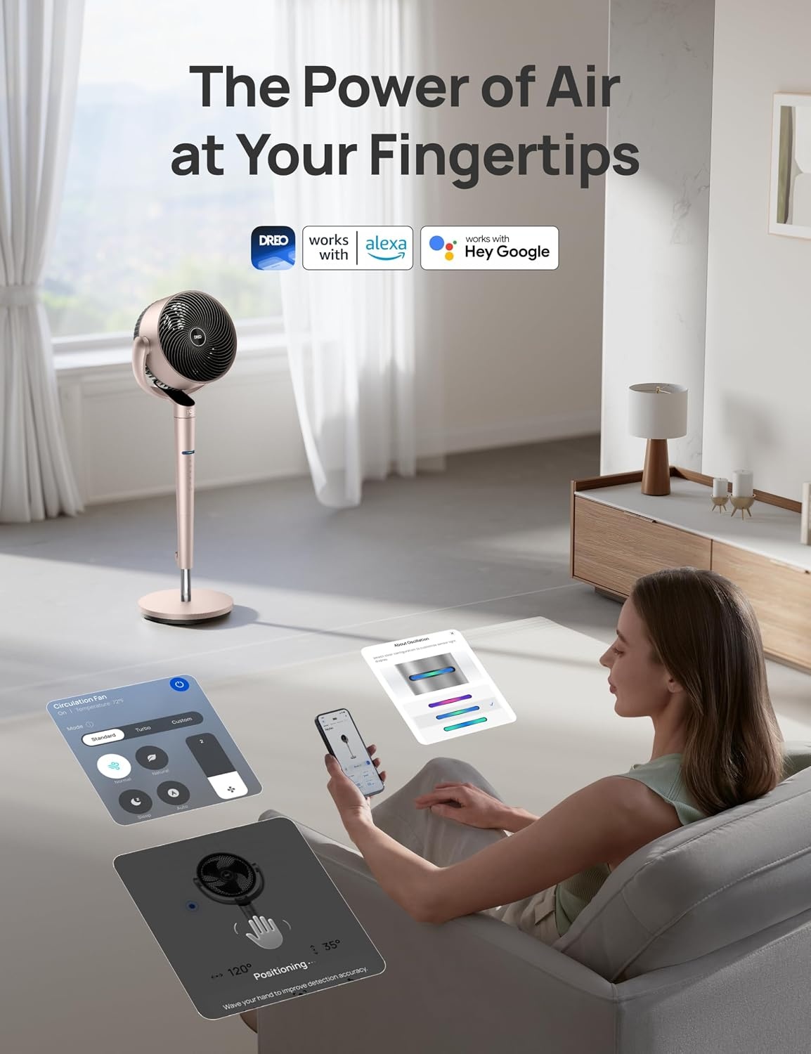 image:imageDREO Smart Fan for Bedroom Positionbased Oscillation 150120 3D Oscillating Fan 110ft Pedestal Fans with WiFiVoiceRemote Standing Fans Work with AlexaGoogle 9 Speeds 6 Modes 20dB SilverGold