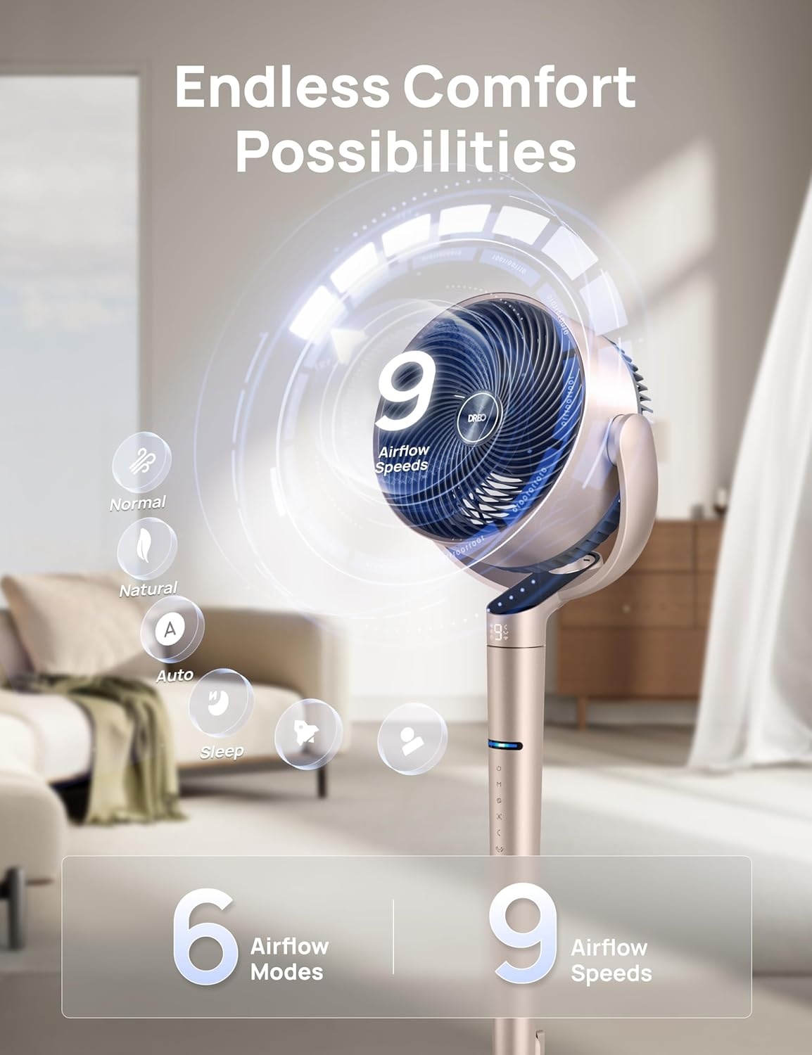 image:imageDREO Smart Fan for Bedroom Positionbased Oscillation 150120 3D Oscillating Fan 110ft Pedestal Fans with WiFiVoiceRemote Standing Fans Work with AlexaGoogle 9 Speeds 6 Modes 20dB SilverGold