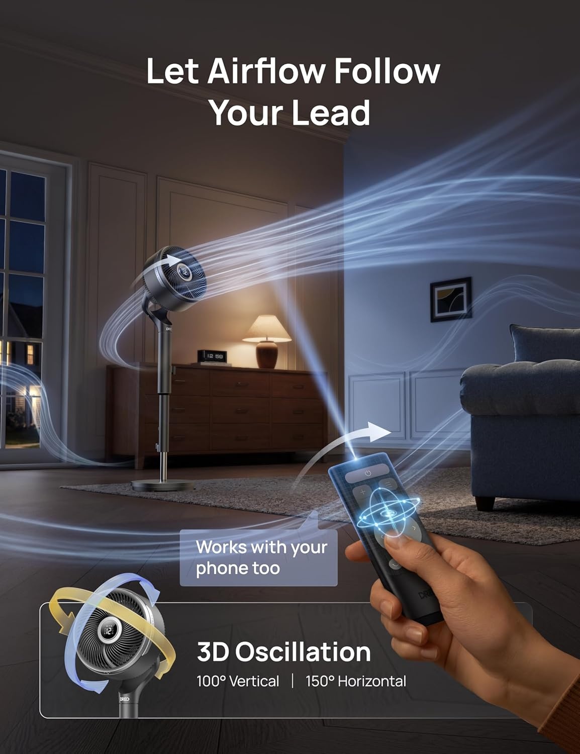 image:imageDREO Smart Fan for Bedroom standing 150 100 OmniDirectional Oscillating Fans 120ft CirculAir Quiet Fan with DC Motor 12 Speeds 6 Modes 20dBRemote Control 12H TimerGrey