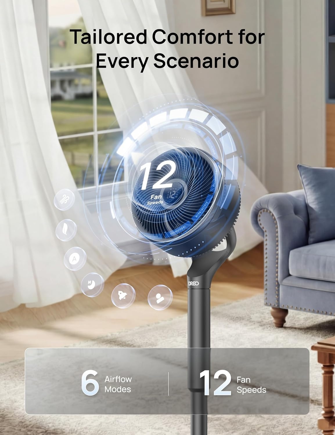 image:imageDREO Smart Fan for Bedroom standing 150 100 OmniDirectional Oscillating Fans 120ft CirculAir Quiet Fan with DC Motor 12 Speeds 6 Modes 20dBRemote Control 12H TimerGrey