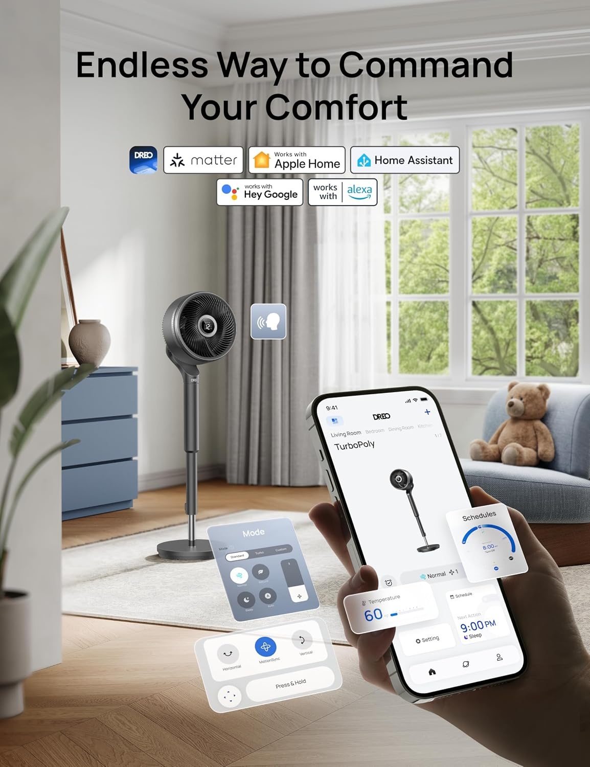image:imageDREO Smart Fan for Bedroom standing 150 100 OmniDirectional Oscillating Fans 120ft CirculAir Quiet Fan with DC Motor 12 Speeds 6 Modes 20dBRemote Control 12H TimerGrey