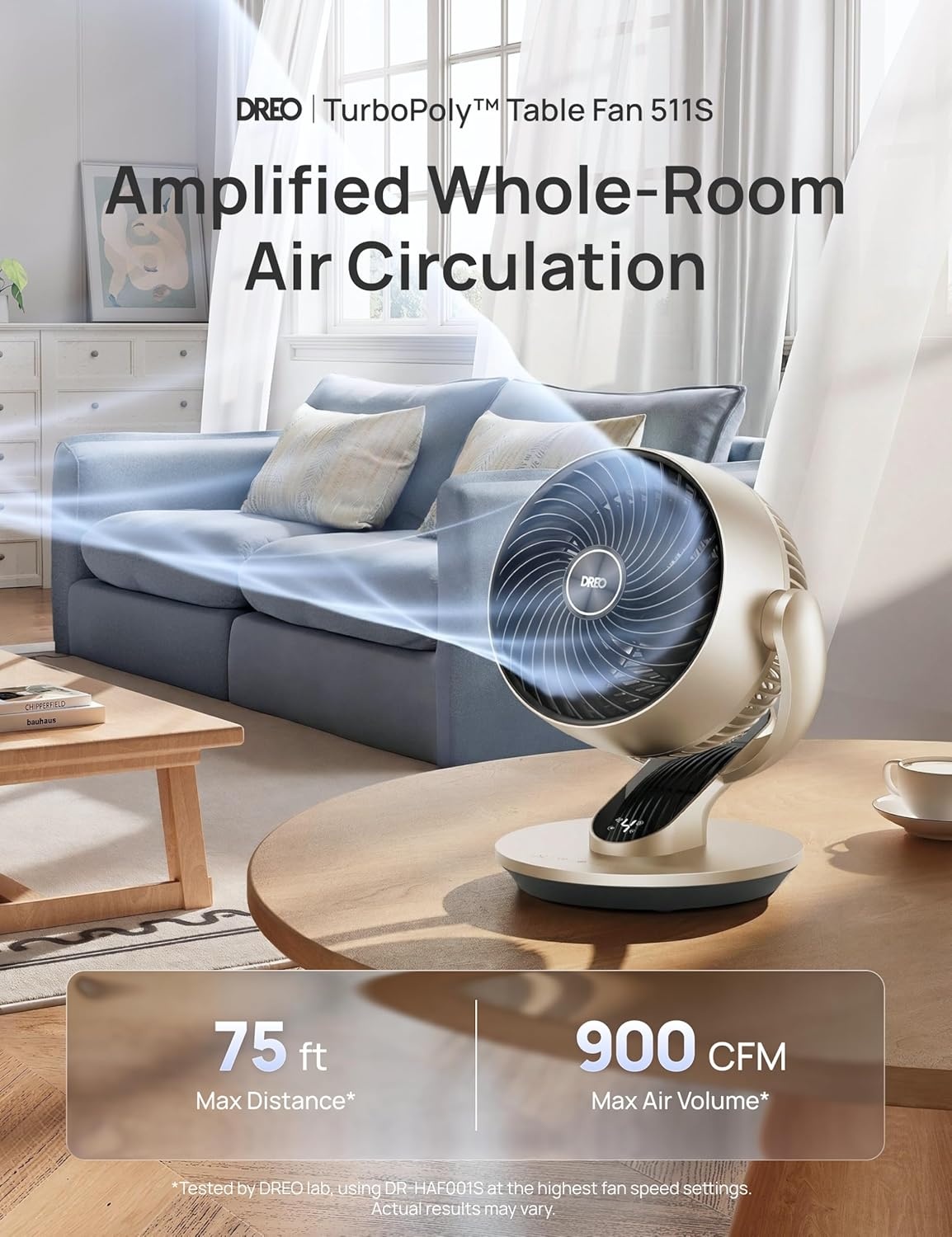 image:imageDREO Smart Fan for Bedroom120 Vertical and 90 Oscillating Fan with RemoteVoice 13 Inch Height Quiet Air Circulator for Whole Room 70 ft 4 Speeds 5 Modes 12H Timer Desk Fans for Home OfficeGold