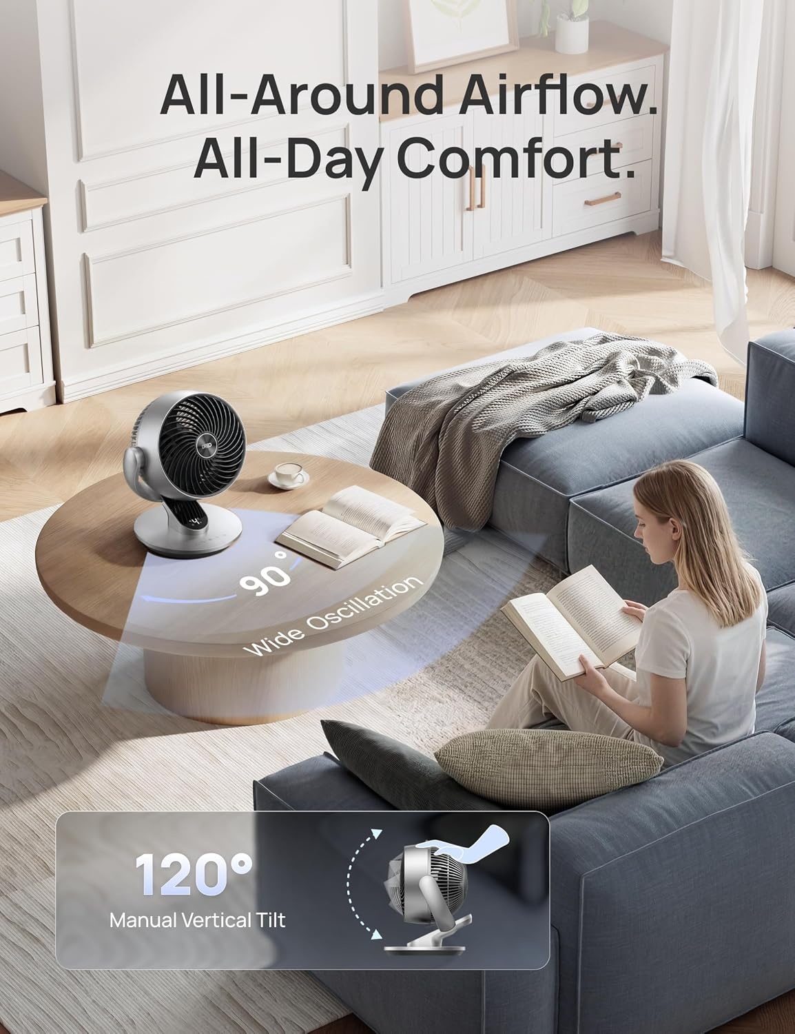 image:imageDREO Smart Fan for Bedroom120 Vertical and 90 Oscillating Fan with RemoteVoice 13 Inch Height Quiet Air Circulator for Whole Room 70 ft 4 Speeds 5 Modes 12H Timer Desk Fans for Home OfficeSilver