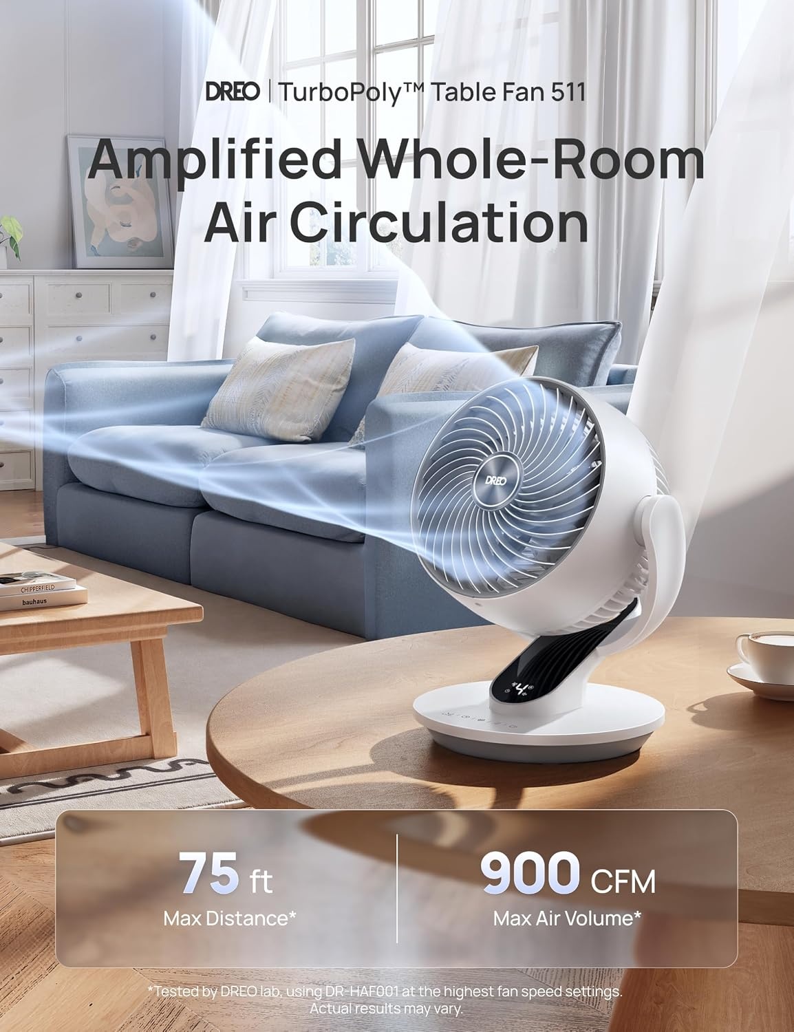 image:imageDREO Smart Fan for Bedroom120 Vertical and 90 Oscillating Fan with RemoteVoice 13 Inch Height Quiet Air Circulator for Whole Room 70 ft 4 Speeds 5 Modes 12H Timer Desk Fans for Home OfficeWhite