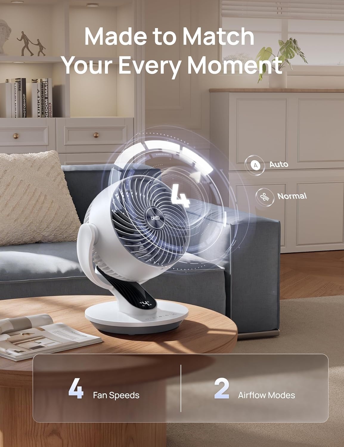 image:imageDREO Smart Fan for Bedroom120 Vertical and 90 Oscillating Fan with RemoteVoice 13 Inch Height Quiet Air Circulator for Whole Room 70 ft 4 Speeds 5 Modes 12H Timer Desk Fans for Home OfficeWhite