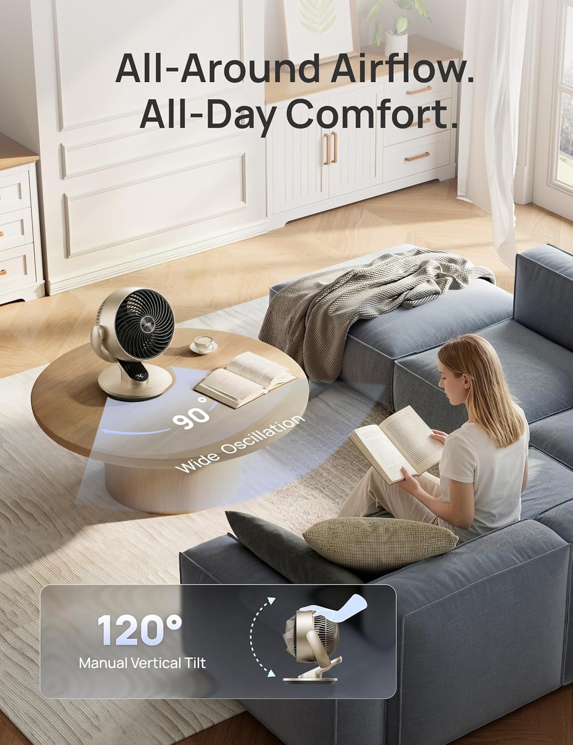 image:imageDREO Smart Fan for Bedroom120 Vertical and 90 Oscillating Fan with RemoteVoice 13 Inch Height Quiet Air Circulator for Whole Room 70 ft 4 Speeds 5 Modes 12H Timer Desk Fans for Home OfficeGold