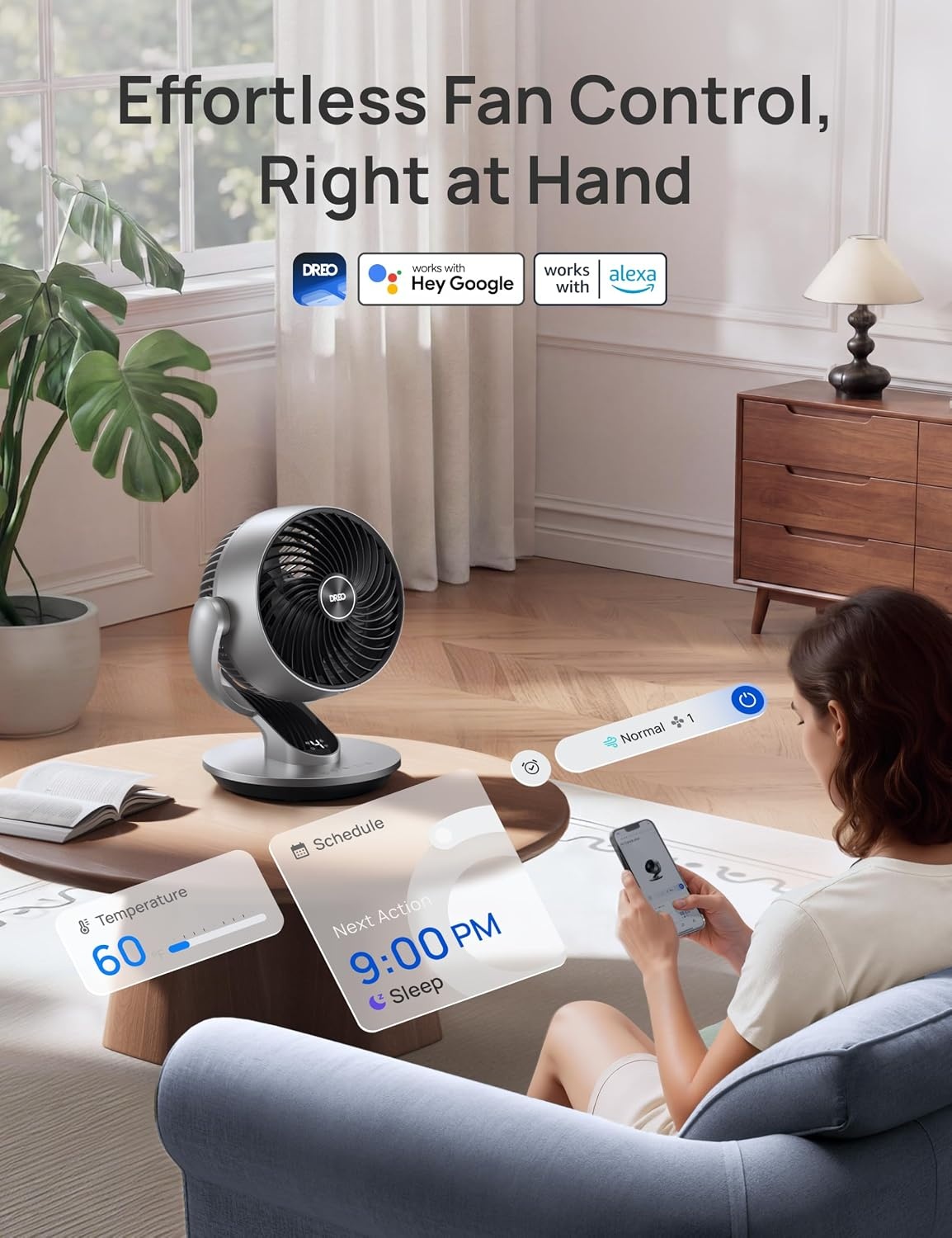 image:imageDREO Smart Fan for Bedroom120 Vertical and 90 Oscillating Fan with RemoteVoice 13 Inch Height Quiet Air Circulator for Whole Room 70 ft 4 Speeds 5 Modes 12H Timer Desk Fans for Home OfficeSilver