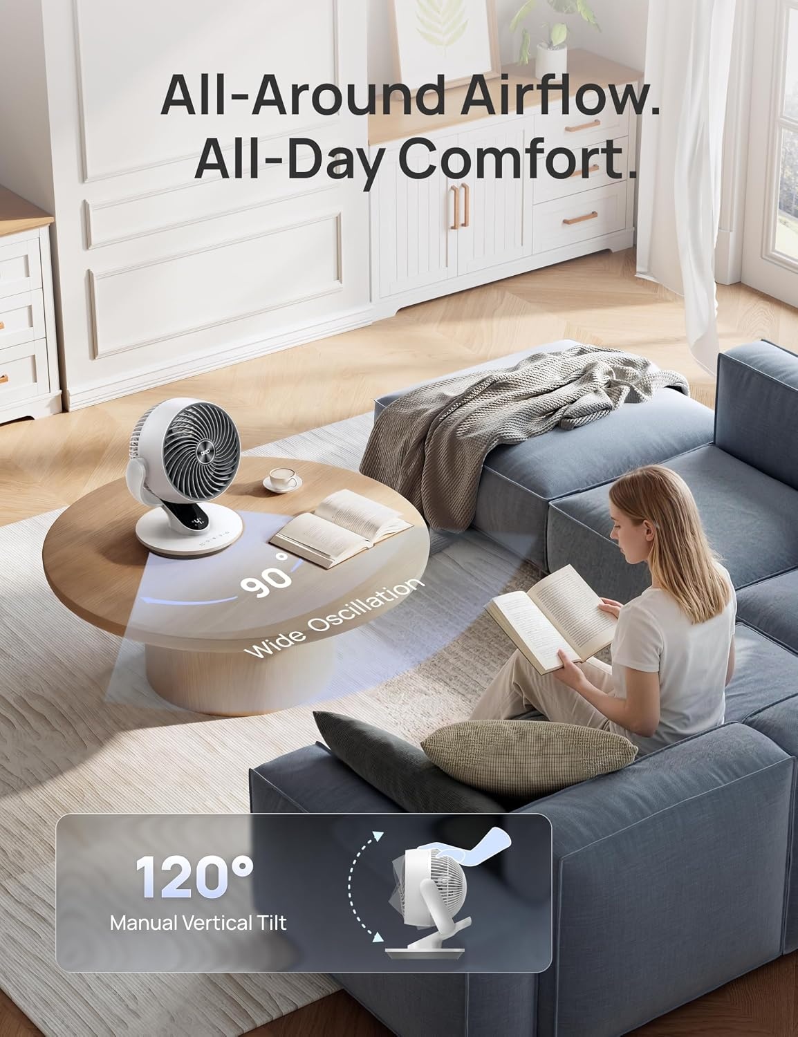 image:imageDREO Smart Fan for Bedroom120 Vertical and 90 Oscillating Fan with RemoteVoice 13 Inch Height Quiet Air Circulator for Whole Room 70 ft 4 Speeds 5 Modes 12H Timer Desk Fans for Home OfficeWhite