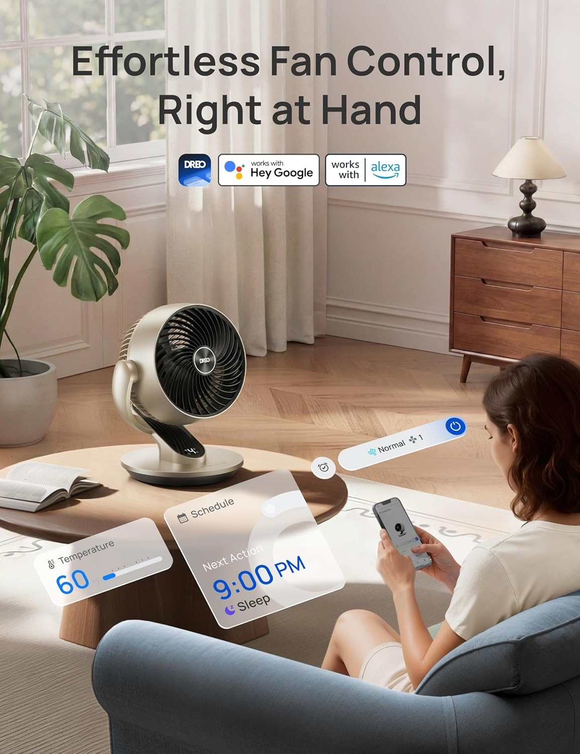 image:imageDREO Smart Fan for Bedroom120 Vertical and 90 Oscillating Fan with RemoteVoice 13 Inch Height Quiet Air Circulator for Whole Room 70 ft 4 Speeds 5 Modes 12H Timer Desk Fans for Home OfficeGold