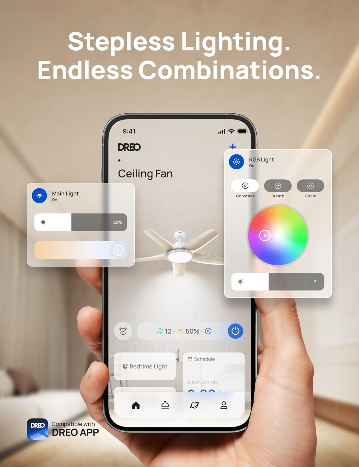 image:imageDREO Smart RGBIC Ceiling Fans with Lights Low profile Ceiling Fan with AlexaApp 52 Dimmable Lighting amp Color Tuning 25dB Quiet for Living Room Game Room Easy Installation Black 2026 UpgradedWhite