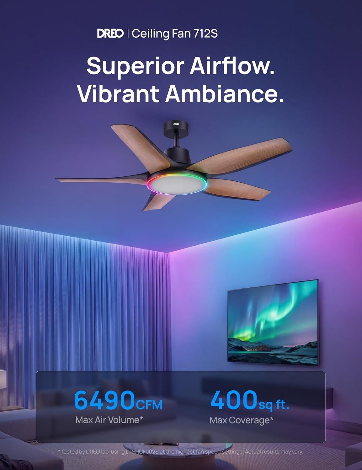 image:imageDREO Smart RGBIC Ceiling Fans with Lights Low profile Ceiling Fan with AlexaApp 52 Dimmable Lighting amp Color Tuning 25dB Quiet for Living Room Game Room Easy Installation Black 2026 UpgradedBlack