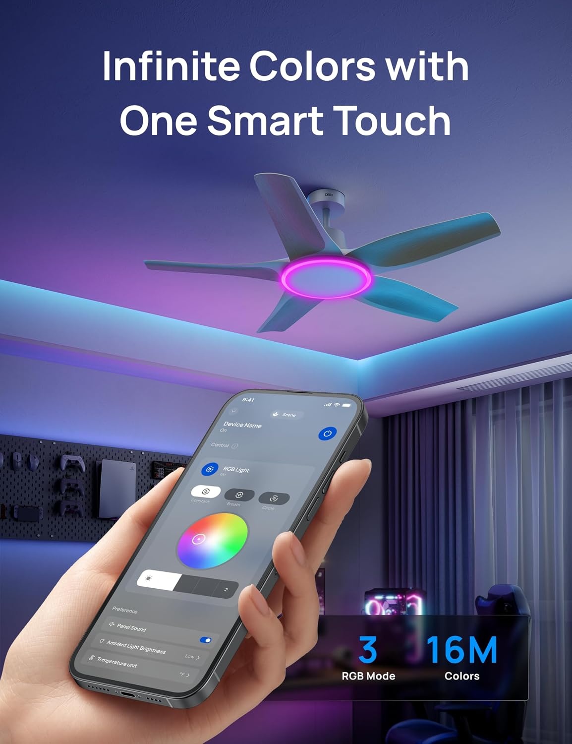 image:imageDREO Smart RGBIC Ceiling Fans with Lights Low profile Ceiling Fan with AlexaApp 52 Dimmable Lighting amp Color Tuning 25dB Quiet for Living Room Game Room Easy Installation Black 2026 UpgradedWhite