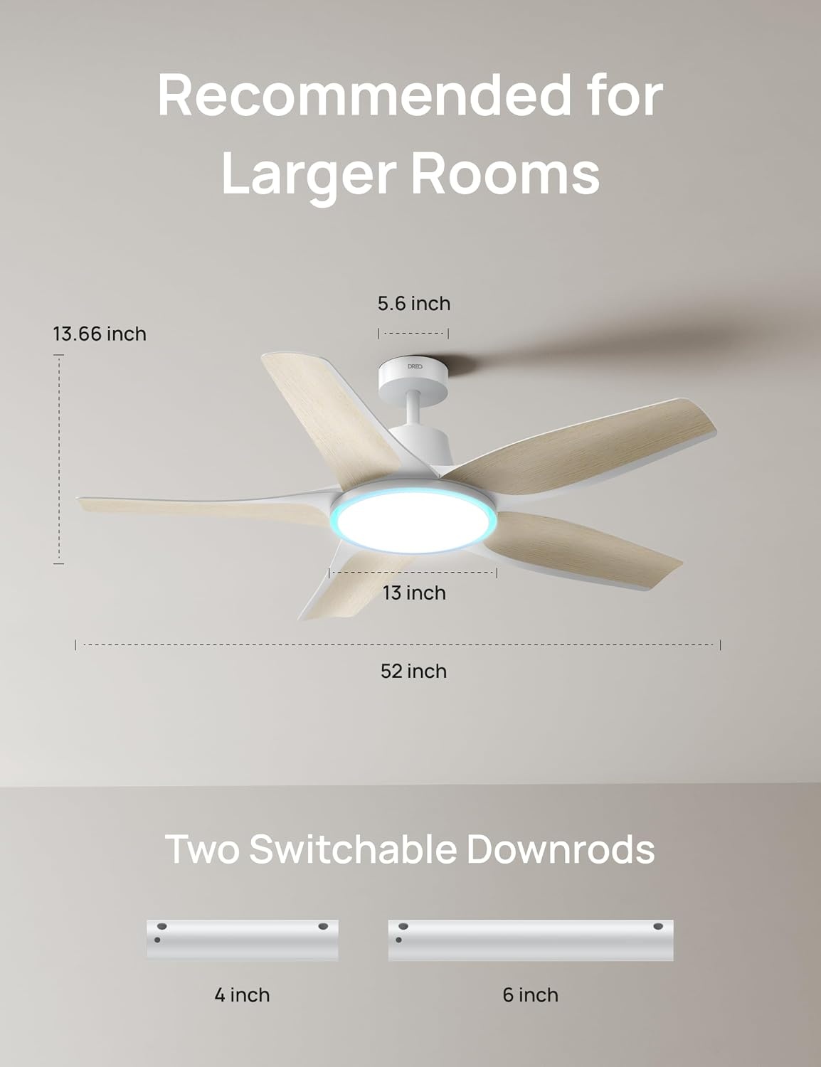 image:imageDREO Smart RGBIC Ceiling Fans with Lights Low profile Ceiling Fan with AlexaApp 52 Dimmable Lighting amp Color Tuning 25dB Quiet for Living Room Game Room Easy Installation Black 2026 UpgradedWhite