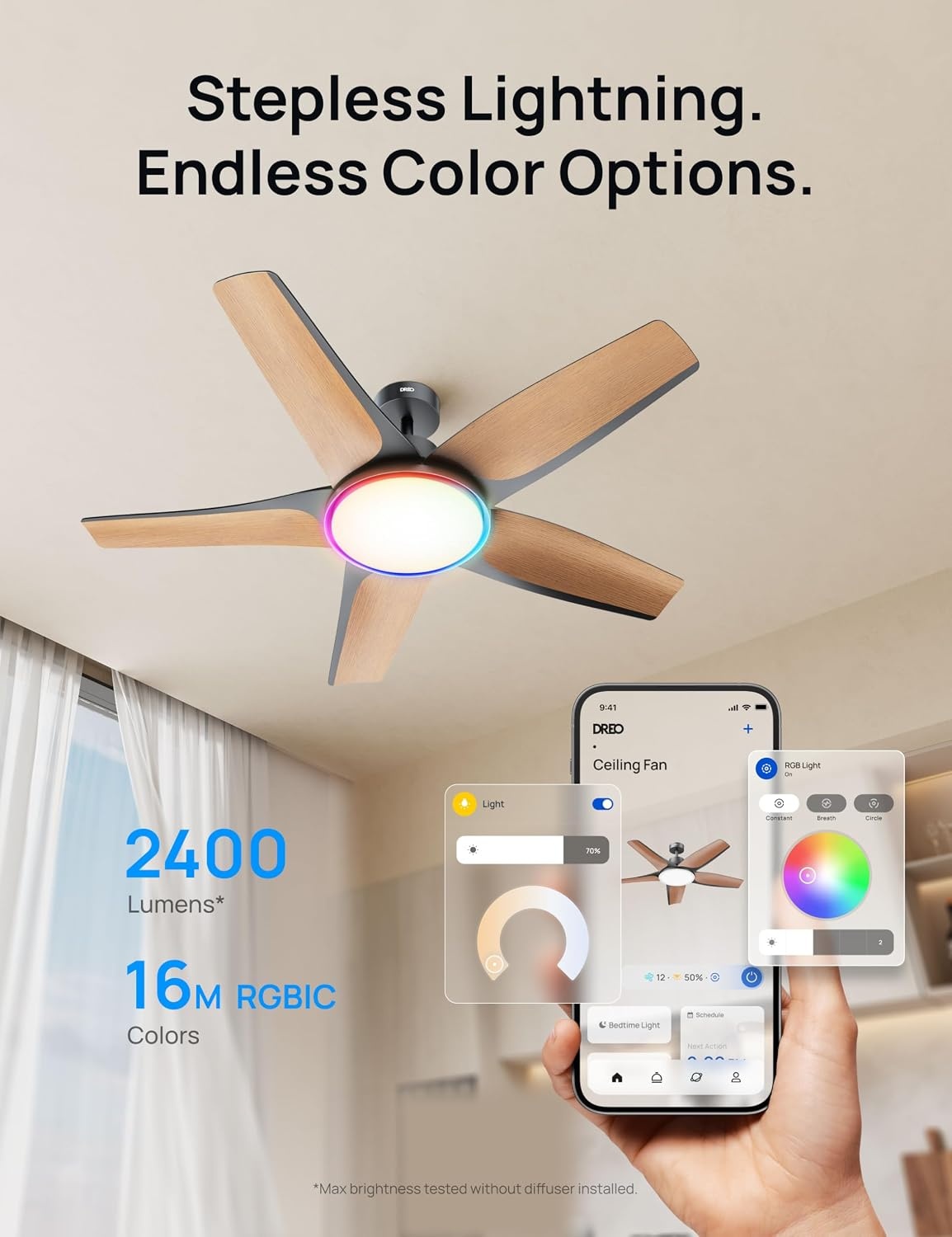 image:imageDREO Smart RGBIC Ceiling Fans with Lights Low profile Ceiling Fan with AlexaApp 52 Dimmable Lighting amp Color Tuning 25dB Quiet for Living Room Game Room Easy Installation Black 2026 UpgradedBlack