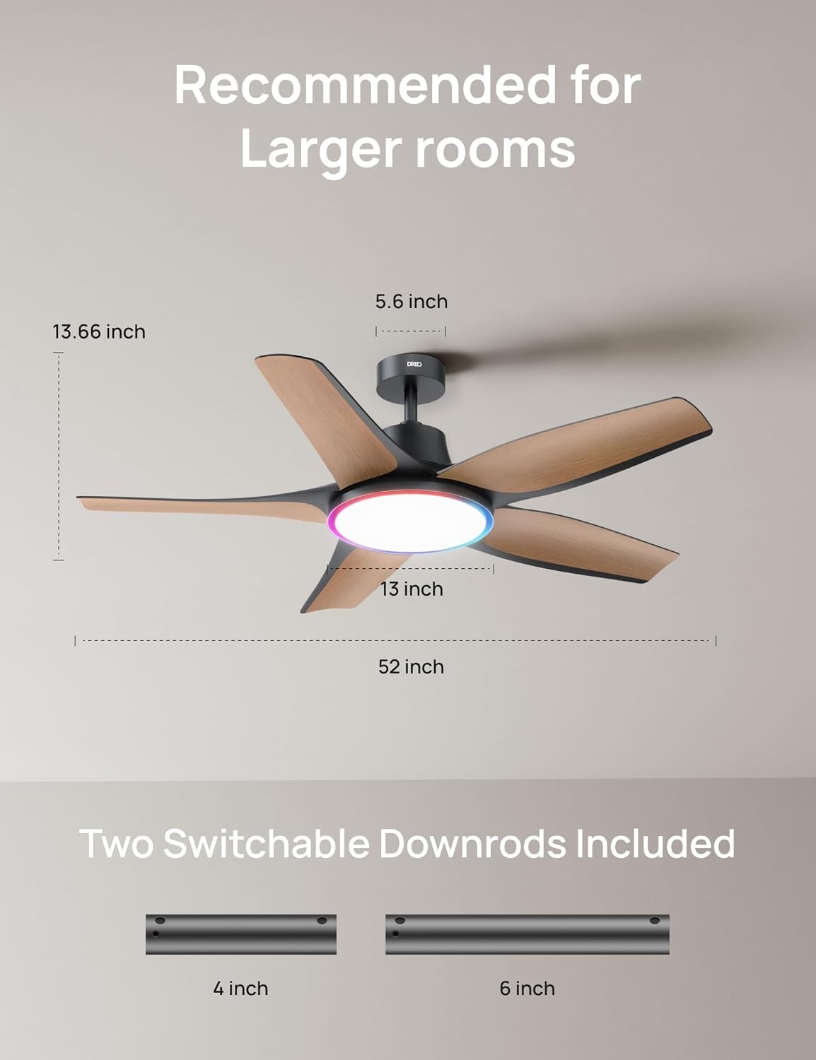 image:imageDREO Smart RGBIC Ceiling Fans with Lights Low profile Ceiling Fan with AlexaApp 52 Dimmable Lighting amp Color Tuning 25dB Quiet for Living Room Game Room Easy Installation Black 2026 UpgradedBlack