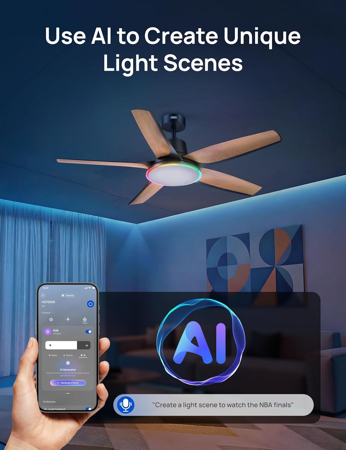 image:imageDREO Smart RGBIC Ceiling Fans with Lights Low profile Ceiling Fan with AlexaApp 52 Dimmable Lighting amp Color Tuning 25dB Quiet for Living Room Game Room Easy Installation Black 2026 UpgradedBlack