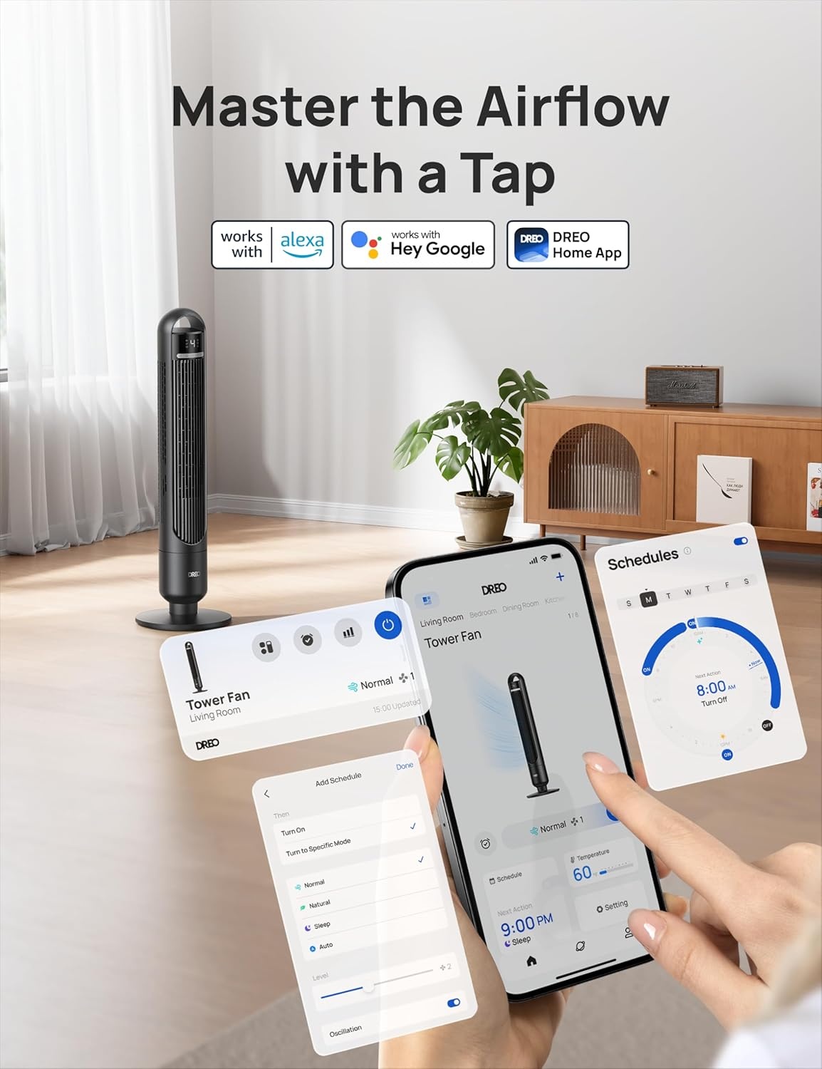 image:imageDREO Smart Tower Fan for Bedroom 90 Oscillating Standing Fans for Room with 4 Speeds 4 Modes 28dB Quiet for Sleep 26fts Velocity 8H Timer RemoteAppVoice Control for Living Room Office Home