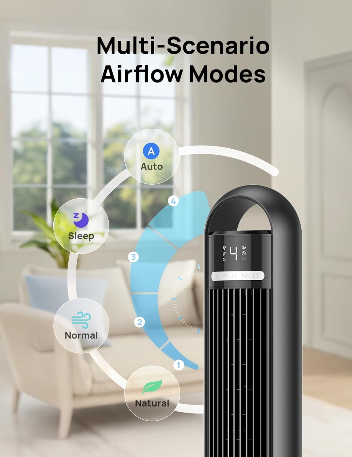 image:imageDREO Smart Tower Fan for Bedroom 90 Oscillating Standing Fans for Room with 4 Speeds 4 Modes 28dB Quiet for Sleep 26fts Velocity 8H Timer RemoteAppVoice Control for Living Room Office Home