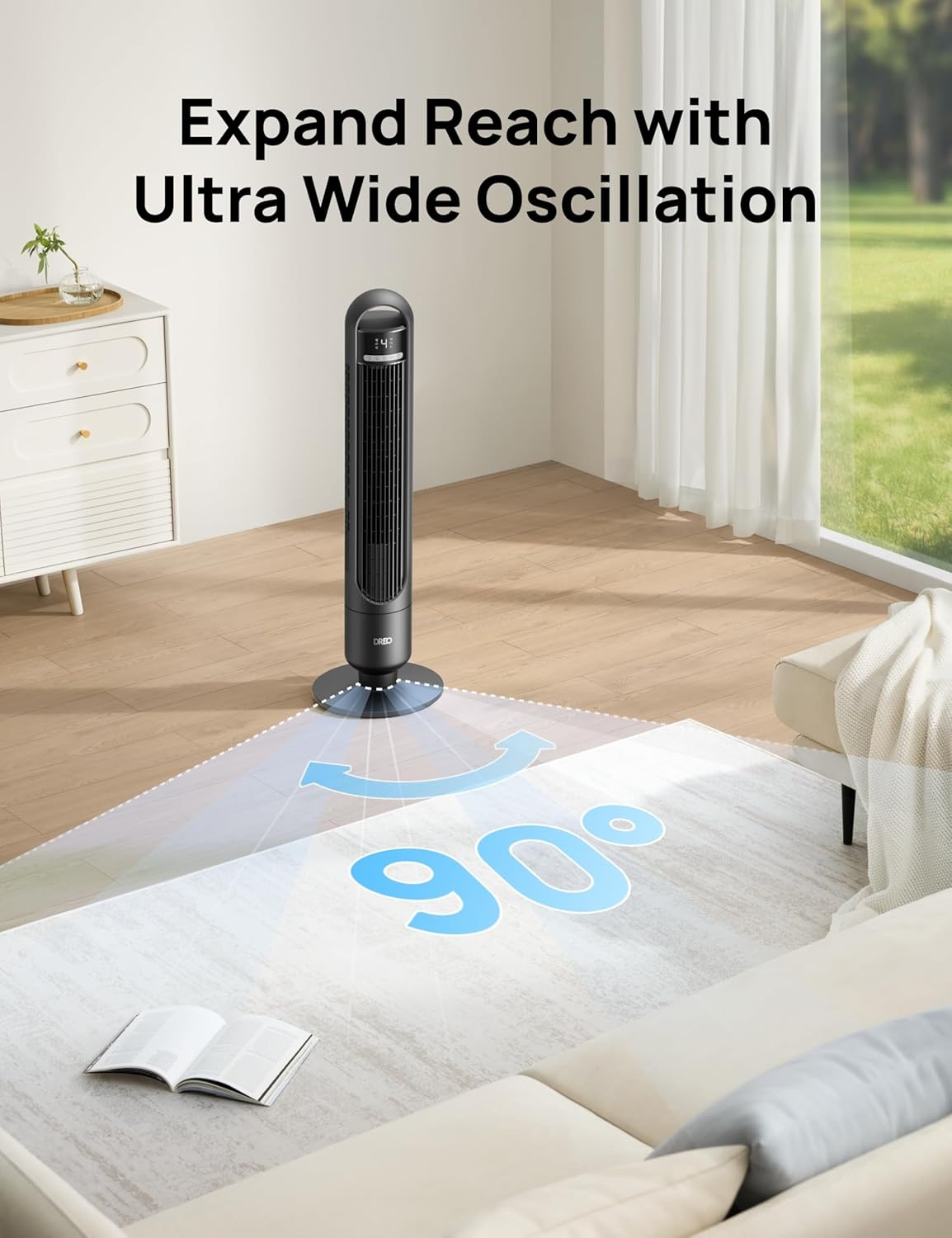 image:imageDREO Smart Tower Fan for Bedroom 90 Oscillating Standing Fans for Room with 4 Speeds 4 Modes 28dB Quiet for Sleep 26fts Velocity 8H Timer RemoteAppVoice Control for Living Room Office Home