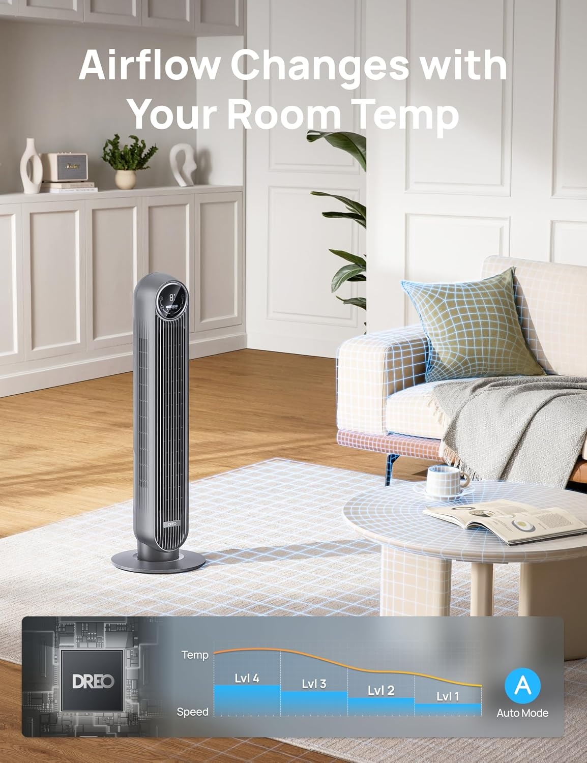 image:imageDREO Tower Fan for Bedroom 2026 Upgraded DC Motor 28fts High Velocity 20dB Ultra Quiet Standing Fan 8 Speeds 4 Modes 90 Oscillating Bladeless Fan for Indoors Floor Fans with Remote BlackGrey