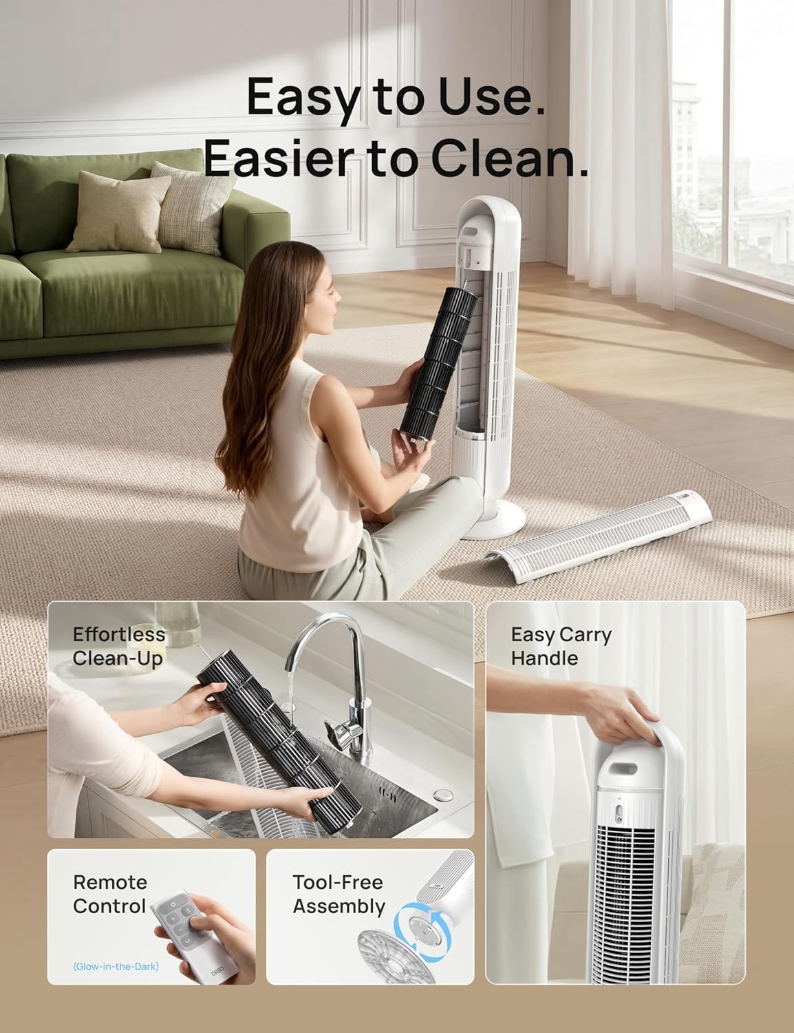 image:imageDREO Tower Fan for Bedroom 2026 Upgraded DC Motor 28fts High Velocity 20dB Ultra Quiet Standing Fan 8 Speeds 4 Modes 90 Oscillating Bladeless Fan for Indoors Floor Fans with Remote BlackWhite