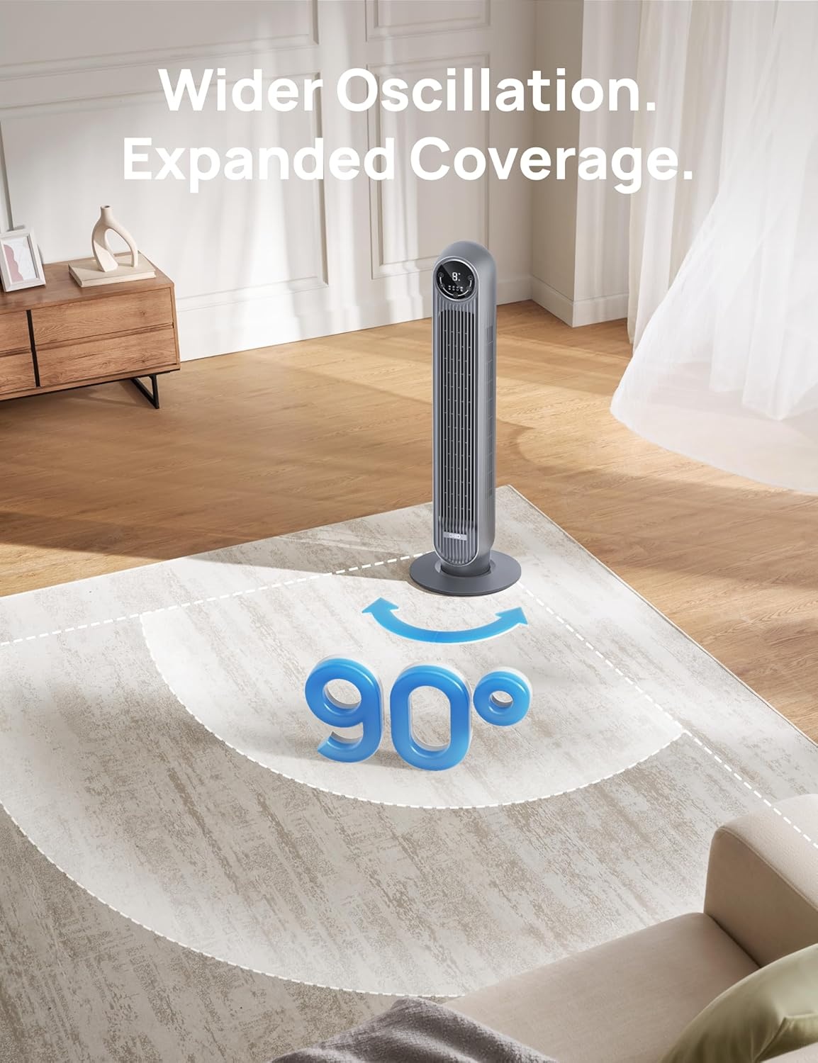 image:imageDREO Tower Fan for Bedroom 2026 Upgraded DC Motor 28fts High Velocity 20dB Ultra Quiet Standing Fan 8 Speeds 4 Modes 90 Oscillating Bladeless Fan for Indoors Floor Fans with Remote BlackGrey