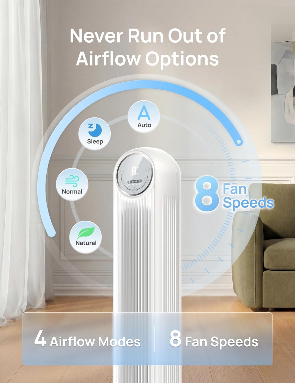 image:imageDREO Tower Fan for Bedroom 2026 Upgraded DC Motor 28fts High Velocity 20dB Ultra Quiet Standing Fan 8 Speeds 4 Modes 90 Oscillating Bladeless Fan for Indoors Floor Fans with Remote BlackWhite