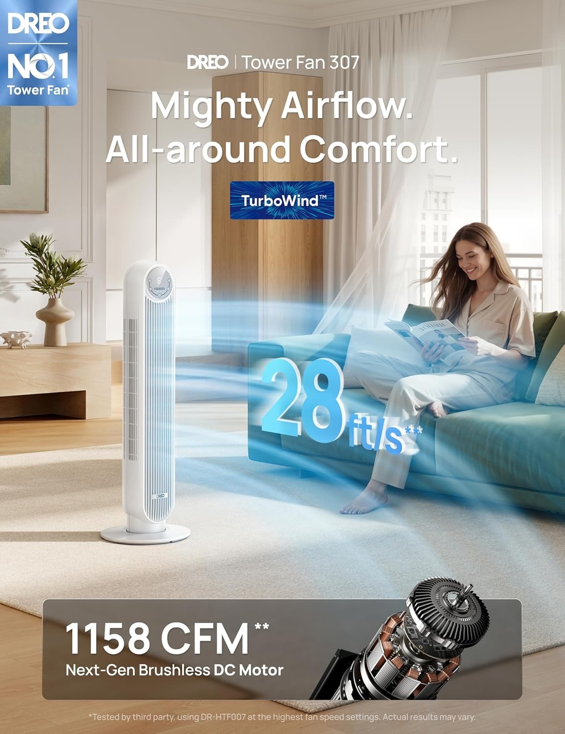 image:imageDREO Tower Fan for Bedroom 2026 Upgraded DC Motor 28fts High Velocity 20dB Ultra Quiet Standing Fan 8 Speeds 4 Modes 90 Oscillating Bladeless Fan for Indoors Floor Fans with Remote BlackWhite