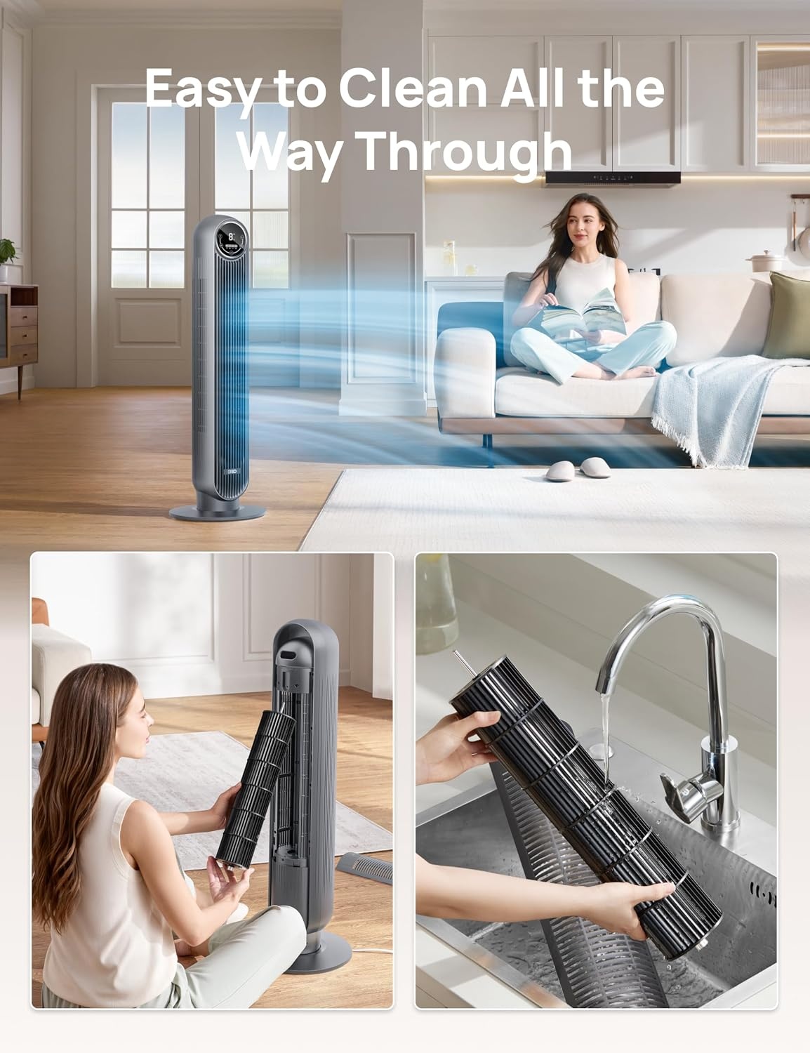 image:imageDREO Tower Fan for Bedroom 2026 Upgraded DC Motor 28fts High Velocity 20dB Ultra Quiet Standing Fan 8 Speeds 4 Modes 90 Oscillating Bladeless Fan for Indoors Floor Fans with Remote BlackGrey