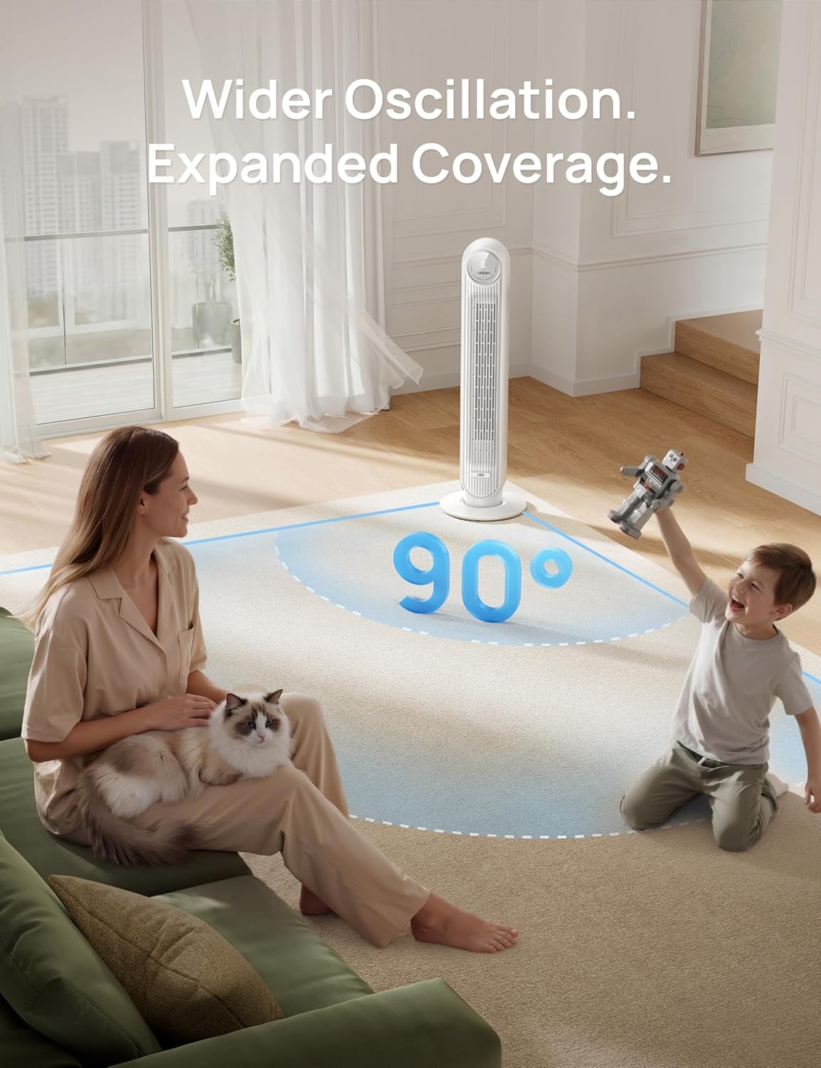 image:imageDREO Tower Fan for Bedroom 2026 Upgraded DC Motor 28fts High Velocity 20dB Ultra Quiet Standing Fan 8 Speeds 4 Modes 90 Oscillating Bladeless Fan for Indoors Floor Fans with Remote BlackWhite