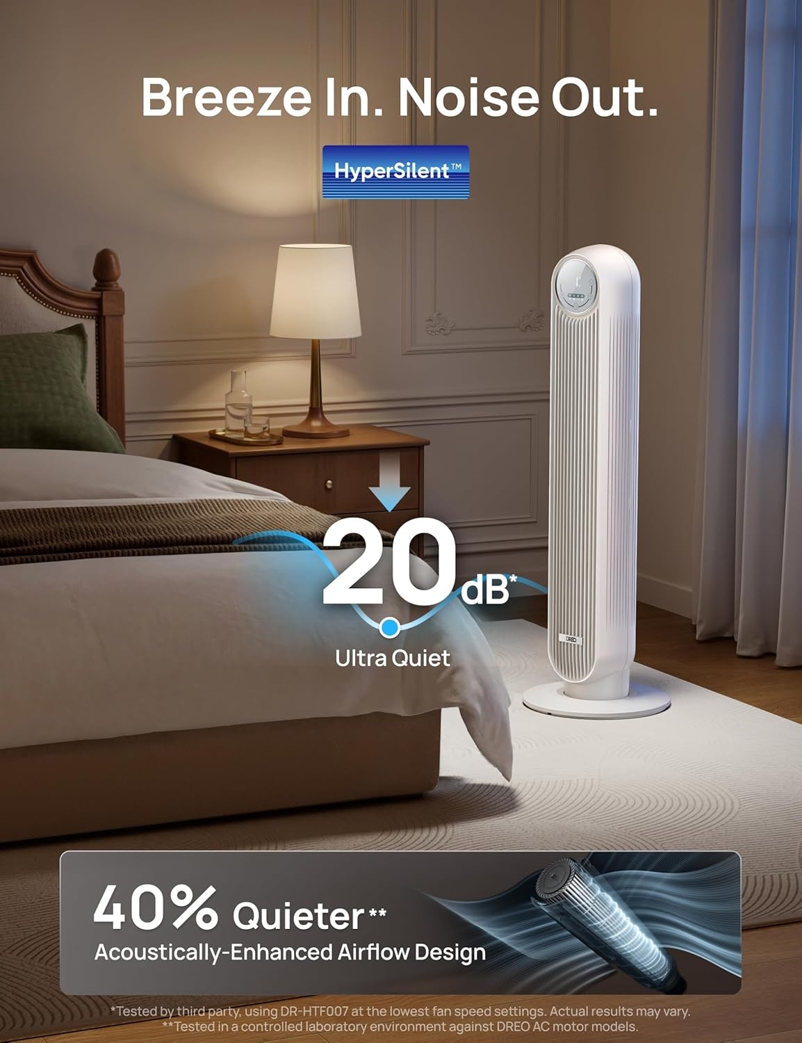 image:imageDREO Tower Fan for Bedroom 2026 Upgraded DC Motor 28fts High Velocity 20dB Ultra Quiet Standing Fan 8 Speeds 4 Modes 90 Oscillating Bladeless Fan for Indoors Floor Fans with Remote BlackWhite