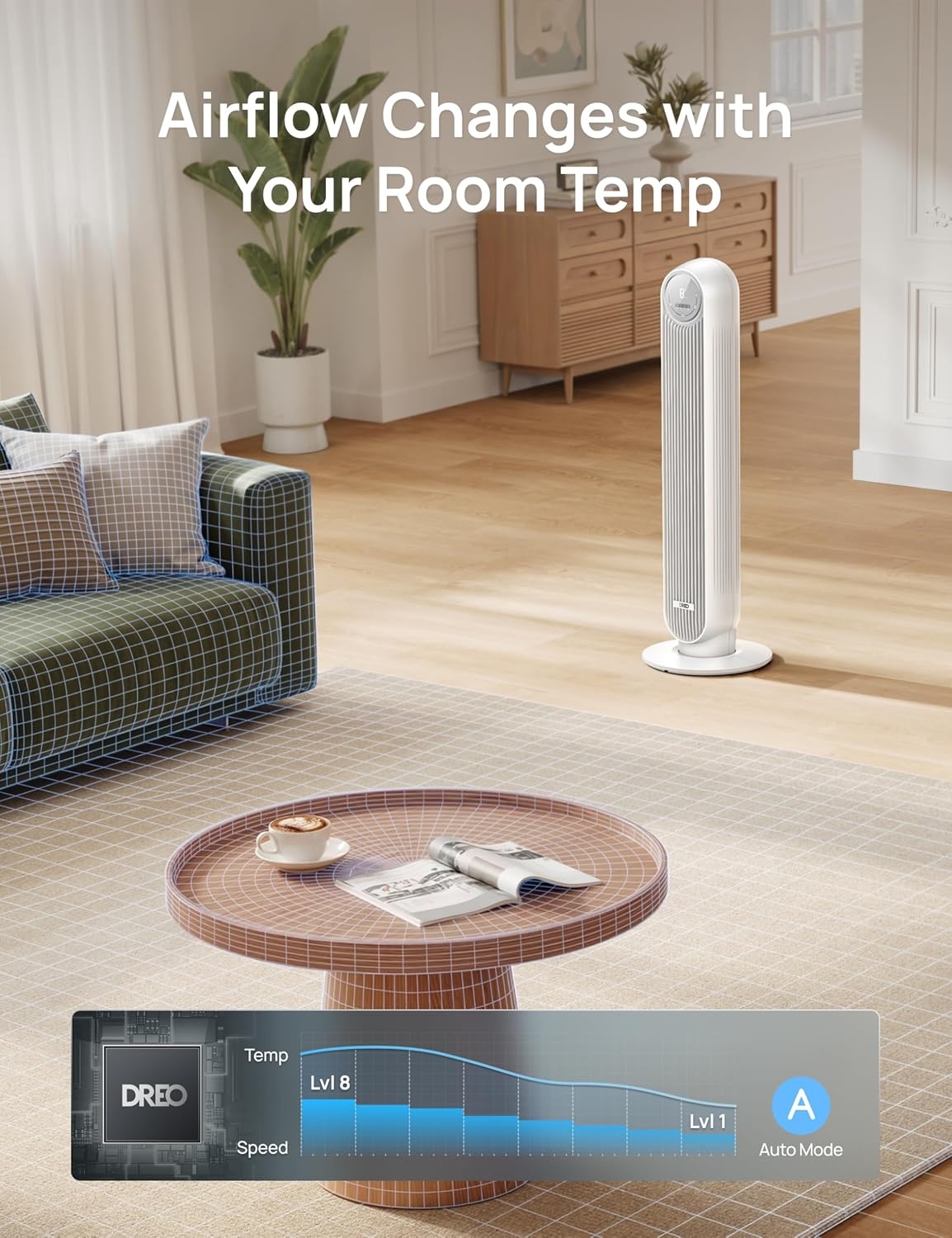 image:imageDREO Tower Fan for Bedroom 2026 Upgraded DC Motor 28fts High Velocity 20dB Ultra Quiet Standing Fan 8 Speeds 4 Modes 90 Oscillating Bladeless Fan for Indoors Floor Fans with Remote BlackWhite