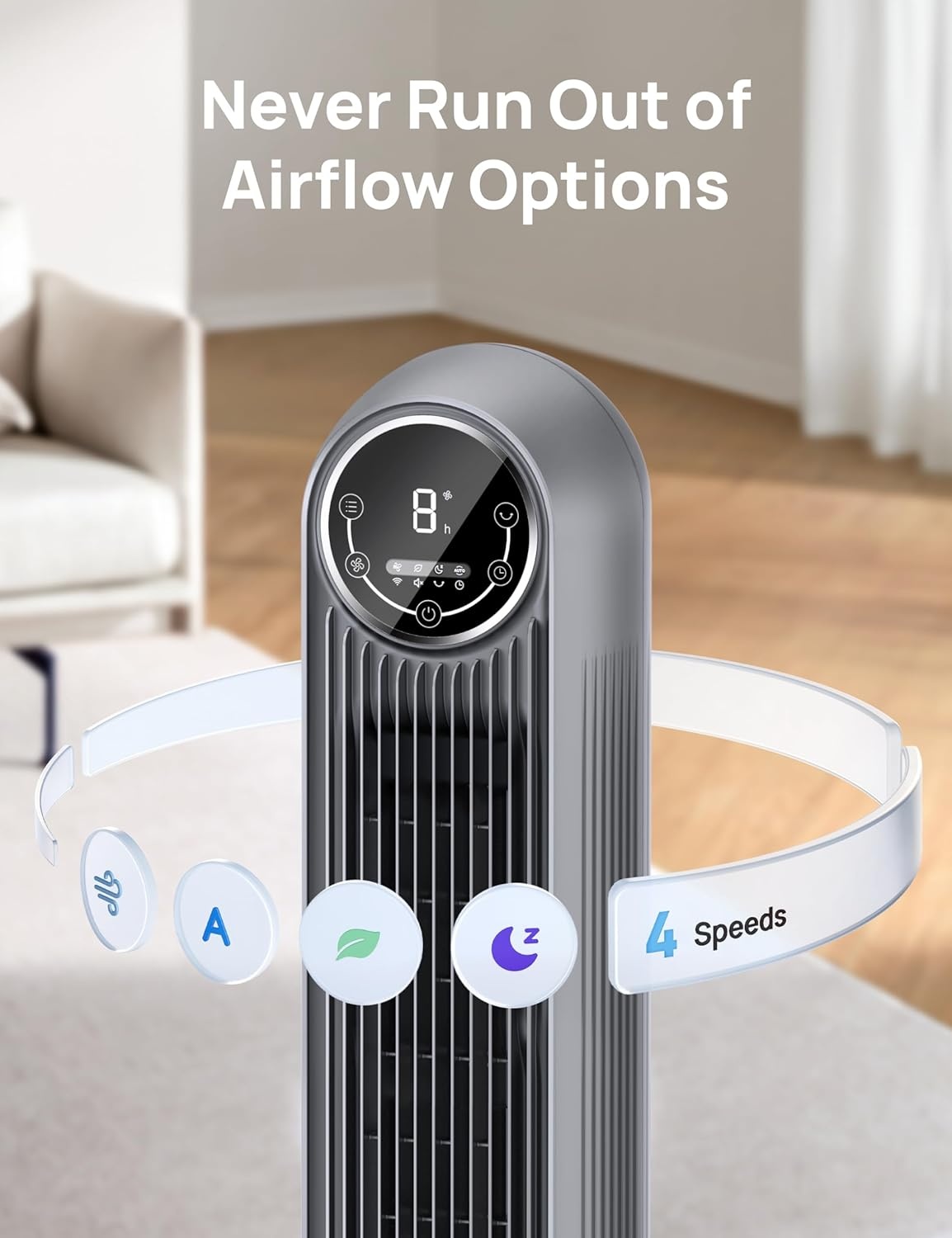 image:imageDREO Tower Fan for Bedroom 2026 Upgraded DC Motor 28fts High Velocity 20dB Ultra Quiet Standing Fan 8 Speeds 4 Modes 90 Oscillating Bladeless Fan for Indoors Floor Fans with Remote BlackGrey