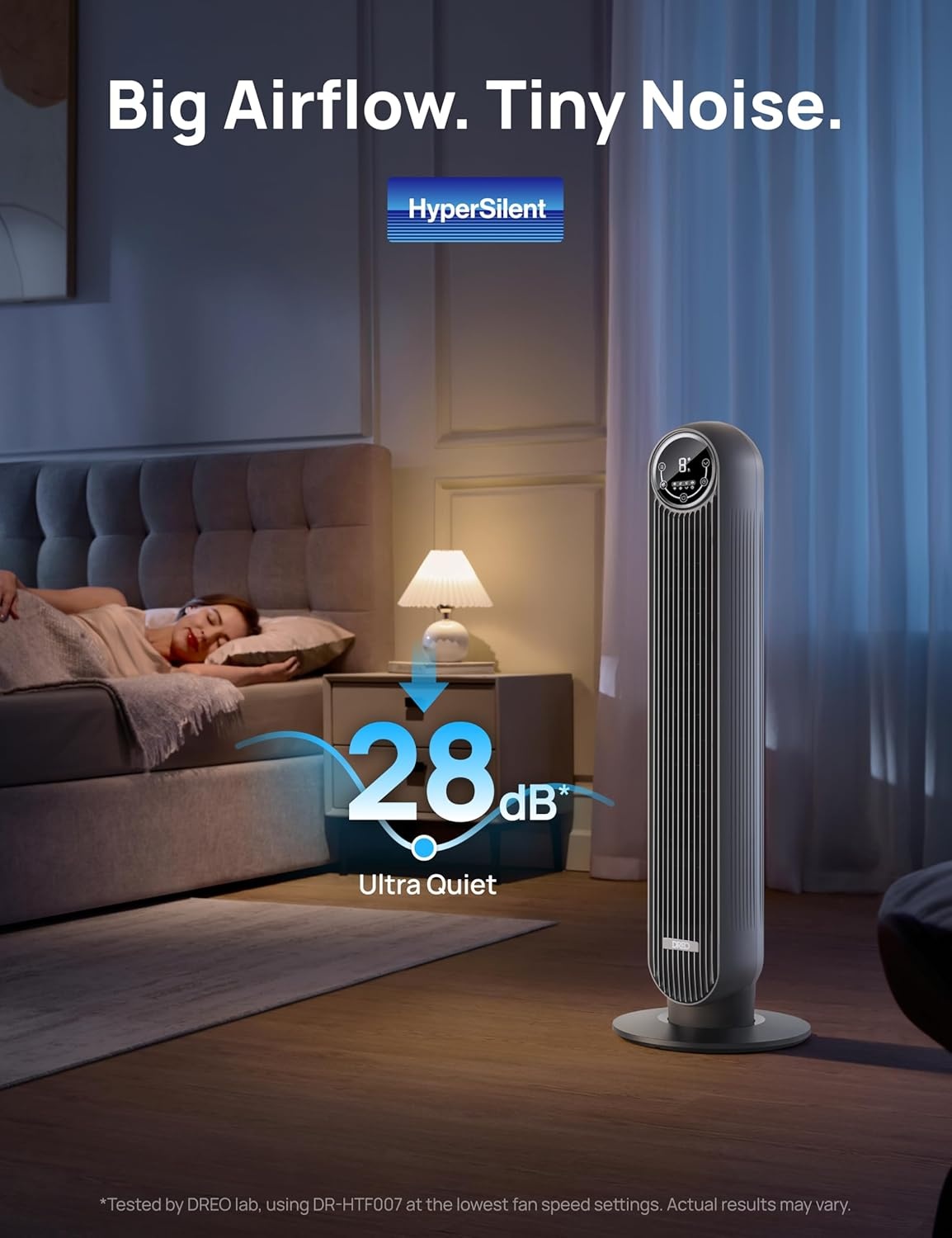image:imageDREO Tower Fan for Bedroom 2026 Upgraded DC Motor 28fts High Velocity 20dB Ultra Quiet Standing Fan 8 Speeds 4 Modes 90 Oscillating Bladeless Fan for Indoors Floor Fans with Remote BlackGrey