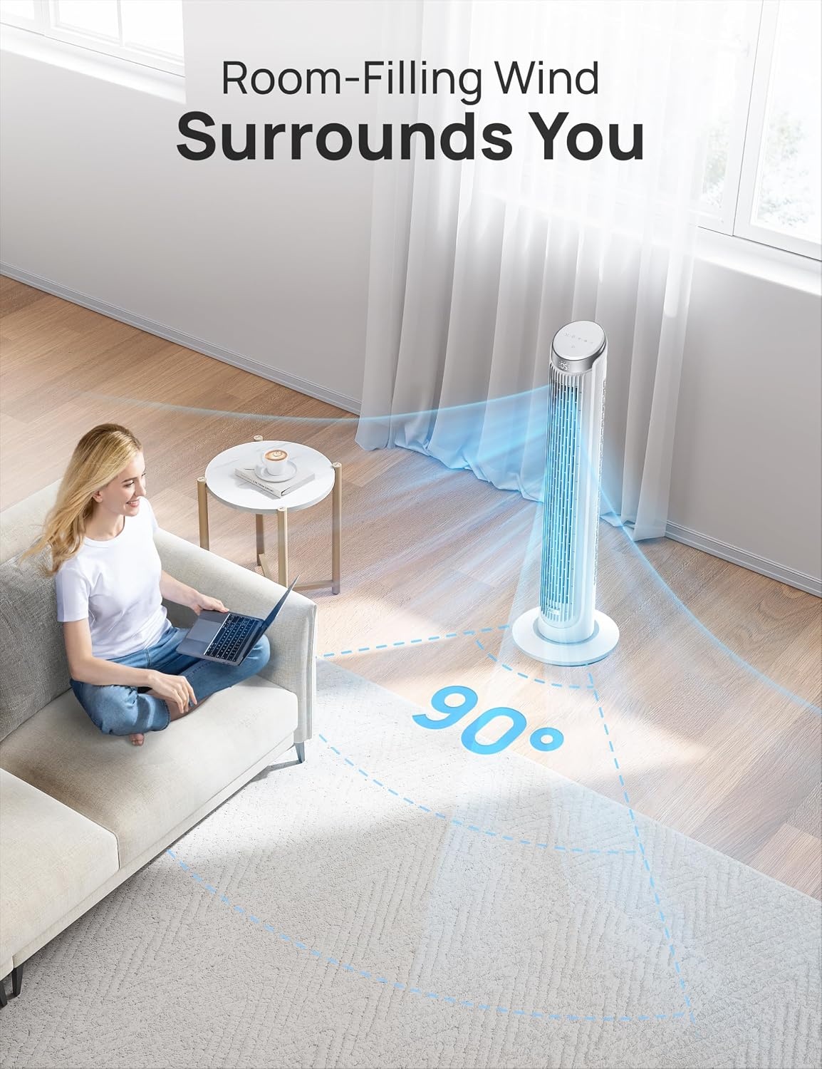image:imageDREO Tower Fan for Bedroom 90 Oscillating Fans that Blow Cold Air 5 Speeds 4 Modes with 26fts Velocity 12H amp 28dB Quiet Timer Remote Touch 40 Standing Floor Fan for Home Office BlackWhite