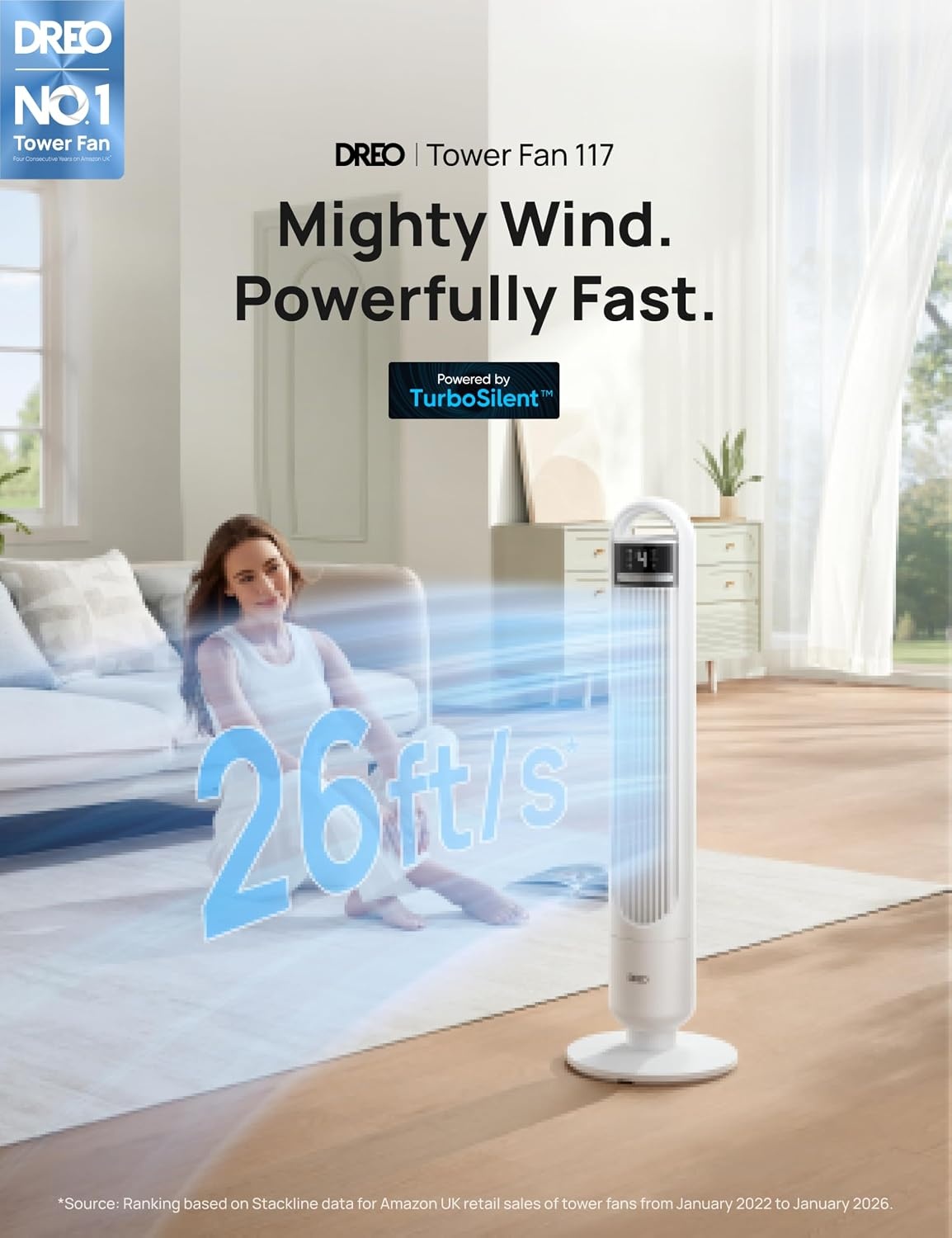 image:imageDREO Tower Fan for Bedroom 90 Oscillating Standing Fans for Room with 4 Speeds 3 Modes 28dB Quiet for Sleep 26fts Velocity 8H Timer Remote Living Room Office Home BlackWhite