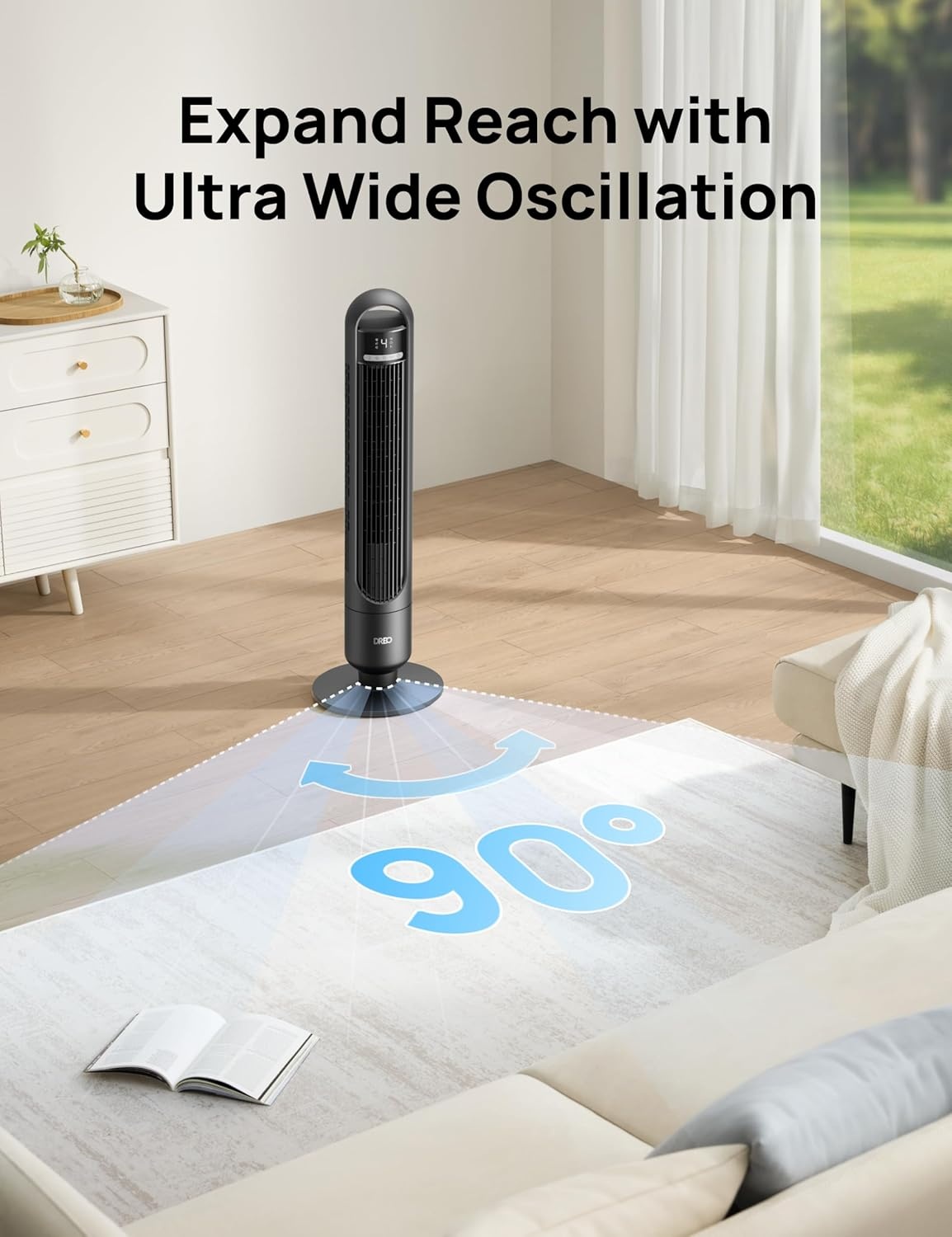 image:imageDREO Tower Fan for Bedroom 90 Oscillating Standing Fans for Room with 4 Speeds 3 Modes 28dB Quiet for Sleep 26fts Velocity 8H Timer Remote Living Room Office Home BlackBlack