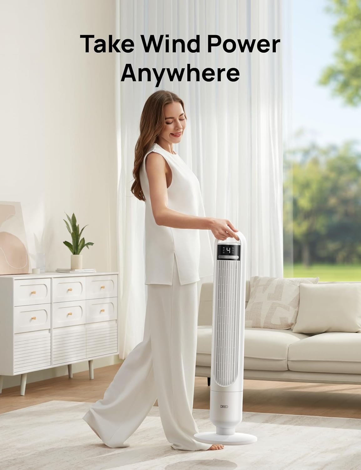image:imageDREO Tower Fan for Bedroom 90 Oscillating Standing Fans for Room with 4 Speeds 3 Modes 28dB Quiet for Sleep 26fts Velocity 8H Timer Remote Living Room Office Home BlackWhite