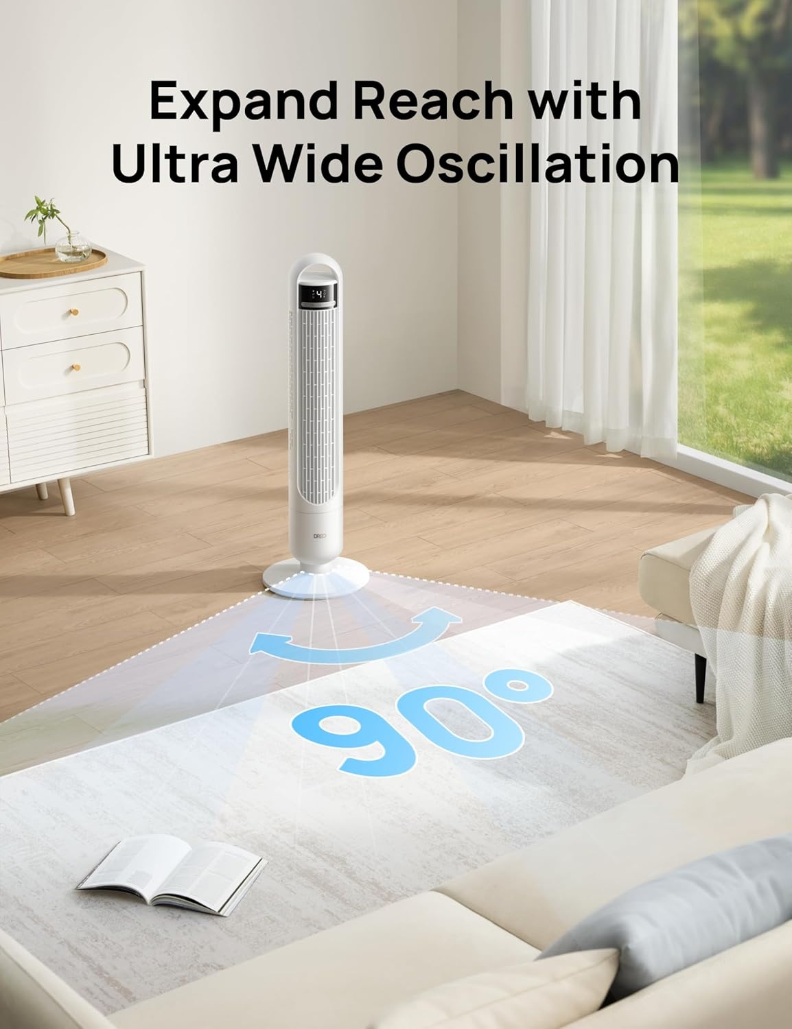 image:imageDREO Tower Fan for Bedroom 90 Oscillating Standing Fans for Room with 4 Speeds 3 Modes 28dB Quiet for Sleep 26fts Velocity 8H Timer Remote Living Room Office Home BlackWhite