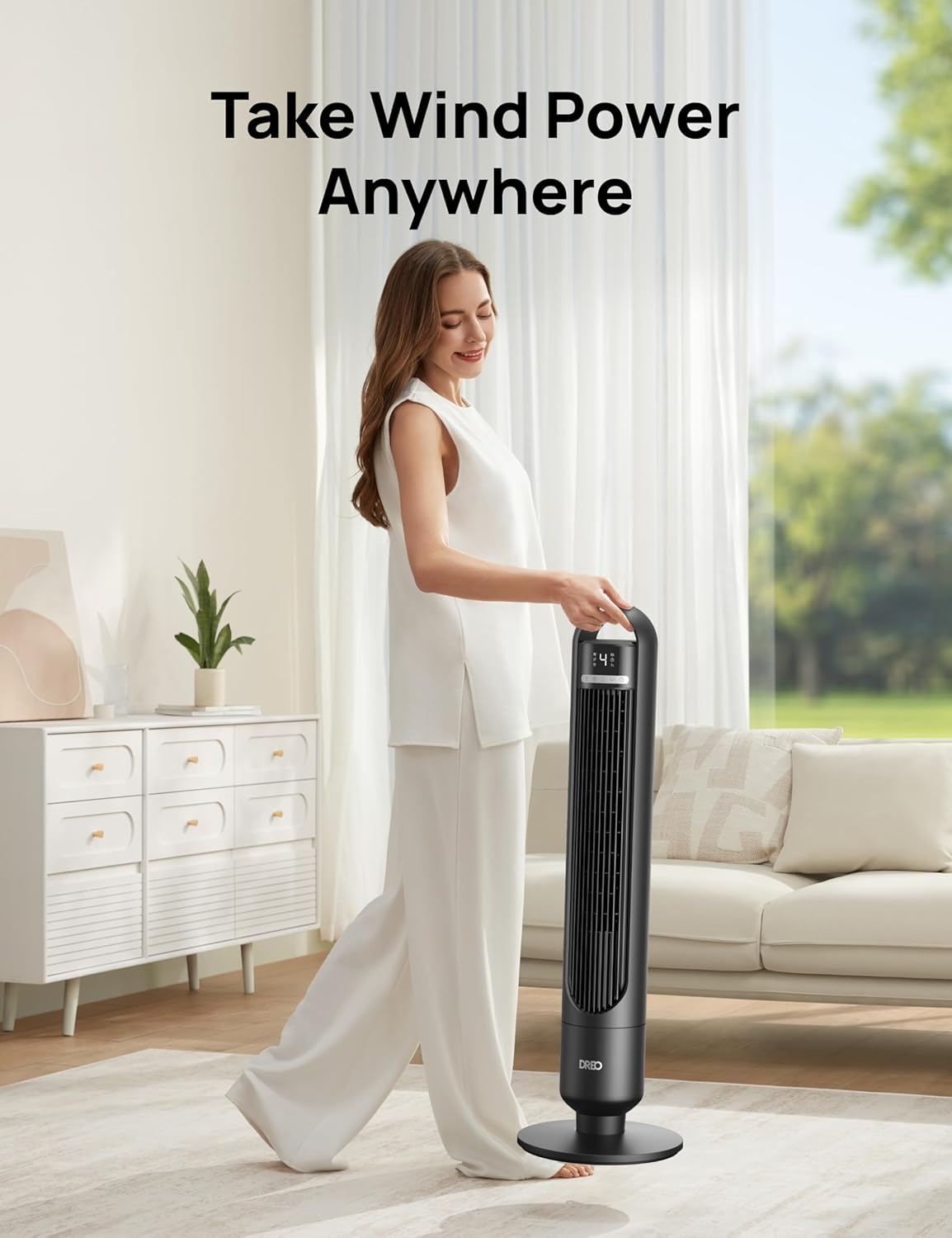 image:imageDREO Tower Fan for Bedroom 90 Oscillating Standing Fans for Room with 4 Speeds 3 Modes 28dB Quiet for Sleep 26fts Velocity 8H Timer Remote Living Room Office Home BlackBlack