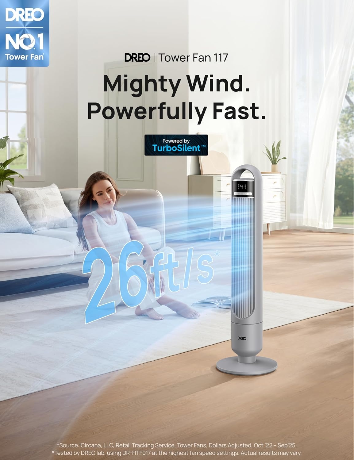 image:imageDREO Tower Fan for Bedroom 90 Oscillating Standing Fans for Room with 4 Speeds 3 Modes 28dB Quiet for Sleep 26fts Velocity 8H Timer Remote Living Room Office Home BlackGrey