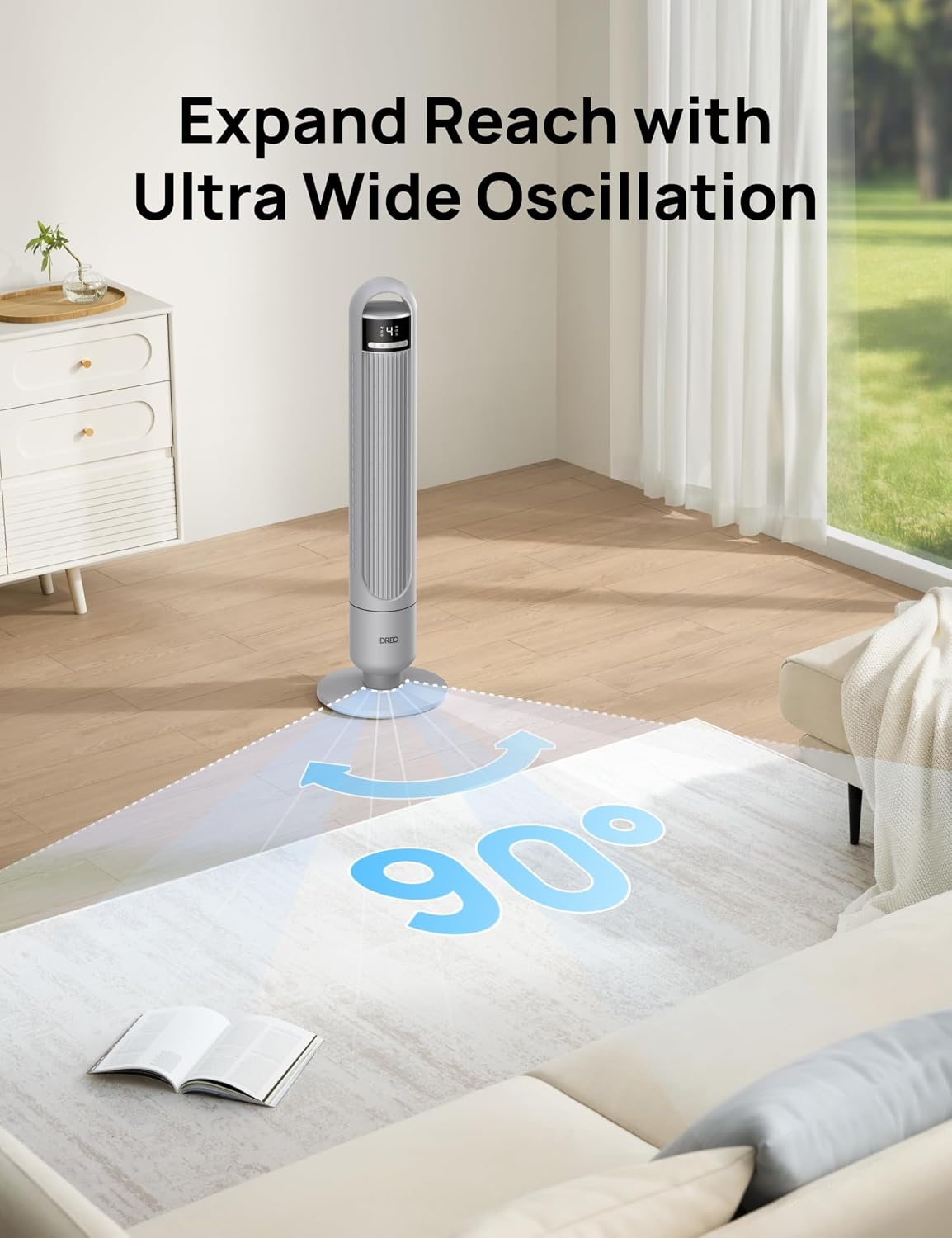 image:imageDREO Tower Fan for Bedroom 90 Oscillating Standing Fans for Room with 4 Speeds 3 Modes 28dB Quiet for Sleep 26fts Velocity 8H Timer Remote Living Room Office Home BlackGrey